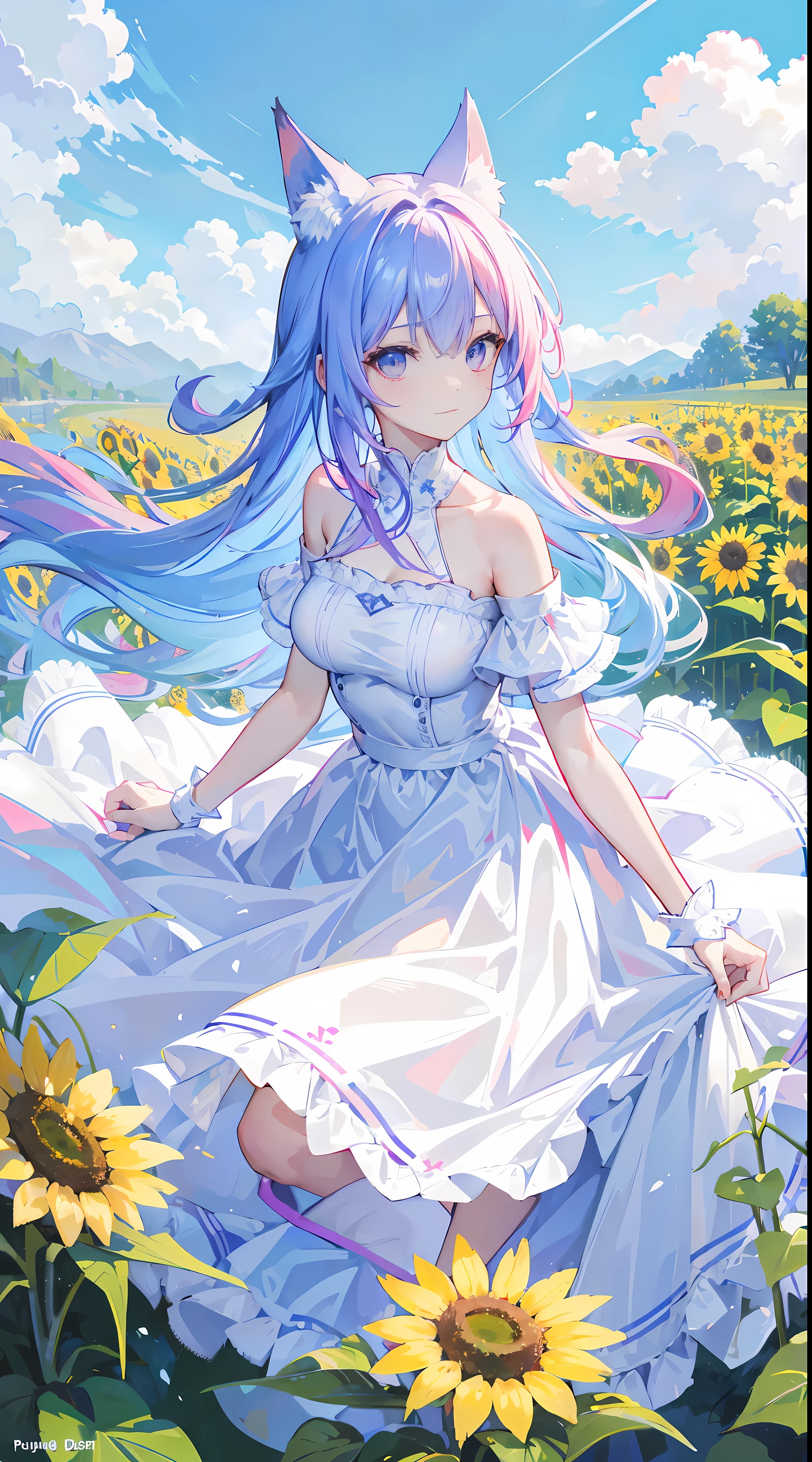 lightblue hair, pink hair highlights, 1 girl, a purple eye, looking at viewert, tropical garden, White sunflower dress, 8K, A high resolution, morning masterpiece), Super sharp, Two arms, Long gray hair, fox ear, hold the cream