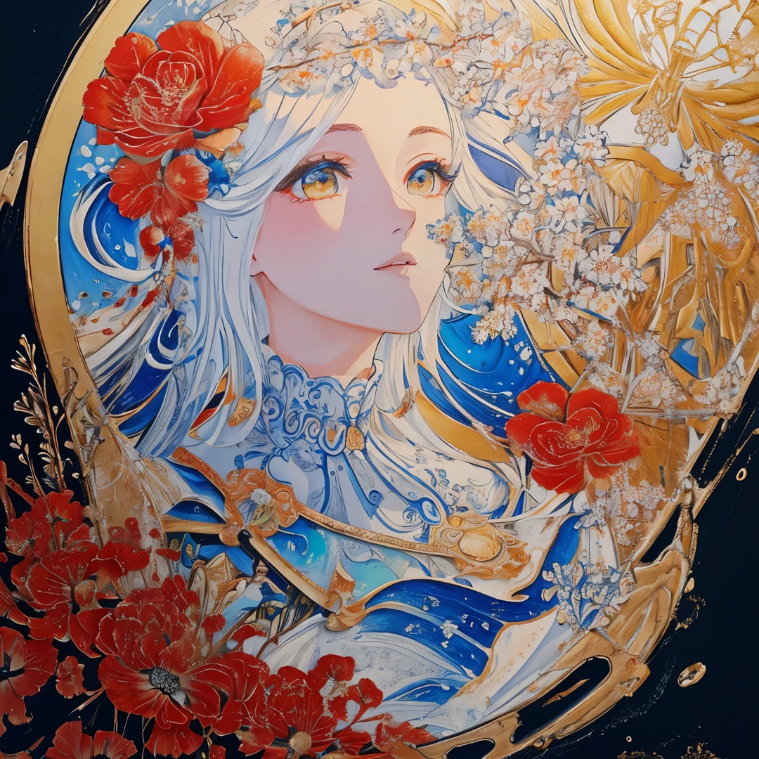 ((((white backgrounid)))), (masterpiece、top-quality、top-quality、Beautifully Aesthetic:1.2)、(1girl in:1.3)、(Fractal Art:1.3)、splashart, piercingeyes, epic instagram, art stations, Color Paint Splash Style+, contour lines, hyperdetailed intricately detailed, Unreal Engine, magnifica, intricate detailes, Splash Screen, Complementary color scheme, Realistic concept art, 8K分辨率, 逸脱のmasterpiece, an oil painting, heavy brushstrokes, Ink Drop, Splash gear、florals
