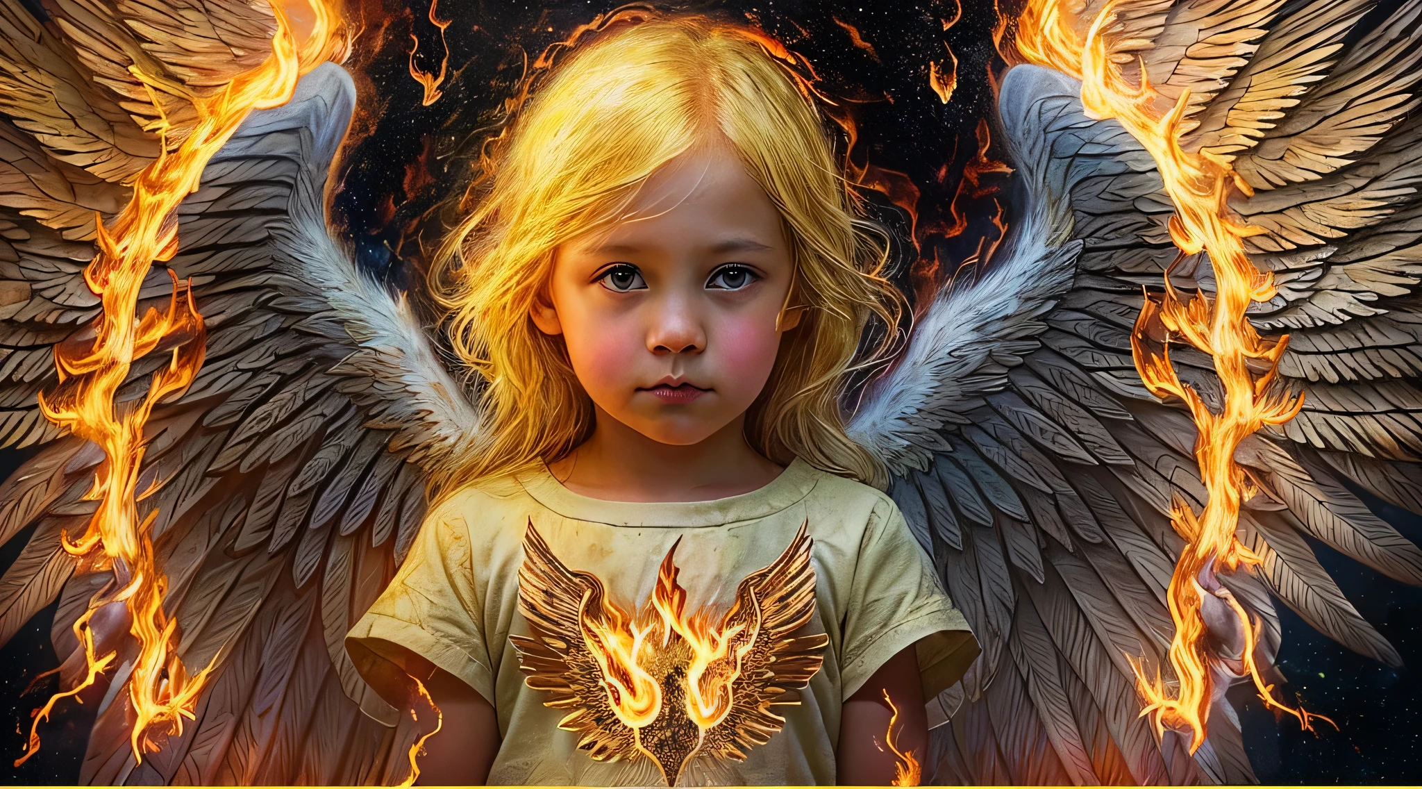 best quality, 4k, (foco nítido: 1.1), Detalhe realista, child angel with blonde hair, fantasia, fantasia portrait, fire, (wings made of fire: 1.3), ouro gravado, halo made of fire, night sky,