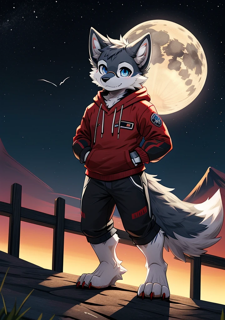 solo, wolf, furry male, tall, white color fur, short hair, gray color fur around the forehead, (light gray color ear roots:1.2), (red color ear tips:1.2), deep blue color eyes, big long tail, white color tail tips, white arms, full meat pad on paws, (light blue and white hoodie:1.1), short sleeves, black shorts, glasses, stand, wave paws, night, dark sky, large open balcony, distant mountains, modern city, dark sky, full moon, close up, full body, detailed character