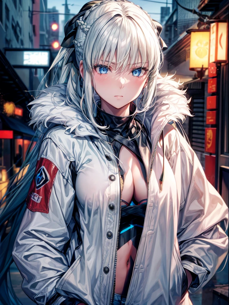 (Enrich the picture,Masterpiece level quality)Beautiful 8K CG artwork,1girl,solo,morgan le fay (fate),detailed face, perfect face, perfect eyes,blue eyes,Long Hair, pony tail,Very long hair, big boob, black bow,Hair Bow, thights,side locks, French braid, grey hair,chuckle,Slim and soft,big breasts,Black Bikini,denim short shorts,city camouflage military jacket,hands in pocket,combat boots,