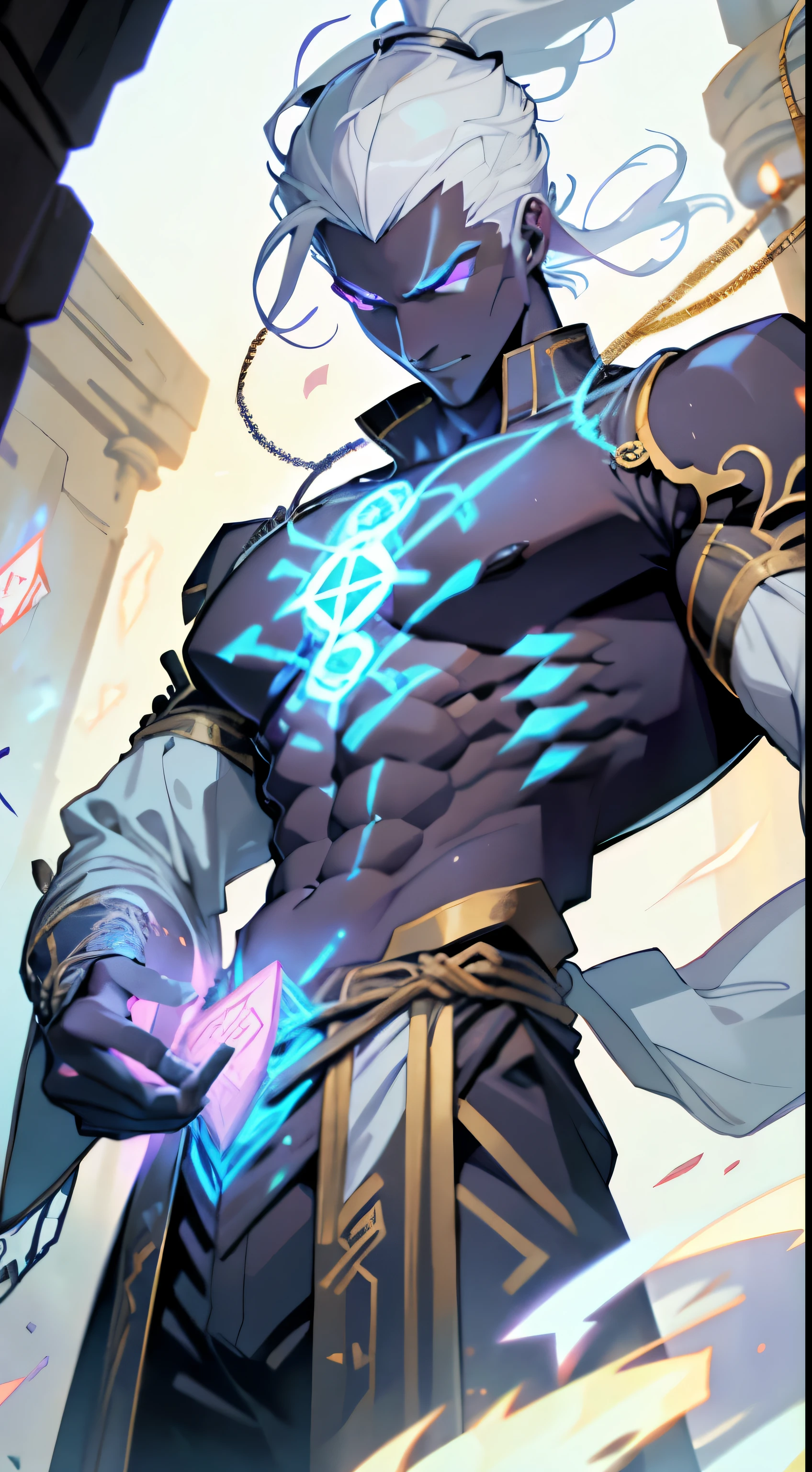 A white-haired megatrix man wearing a white kimono with gold details and with several runes running across his body