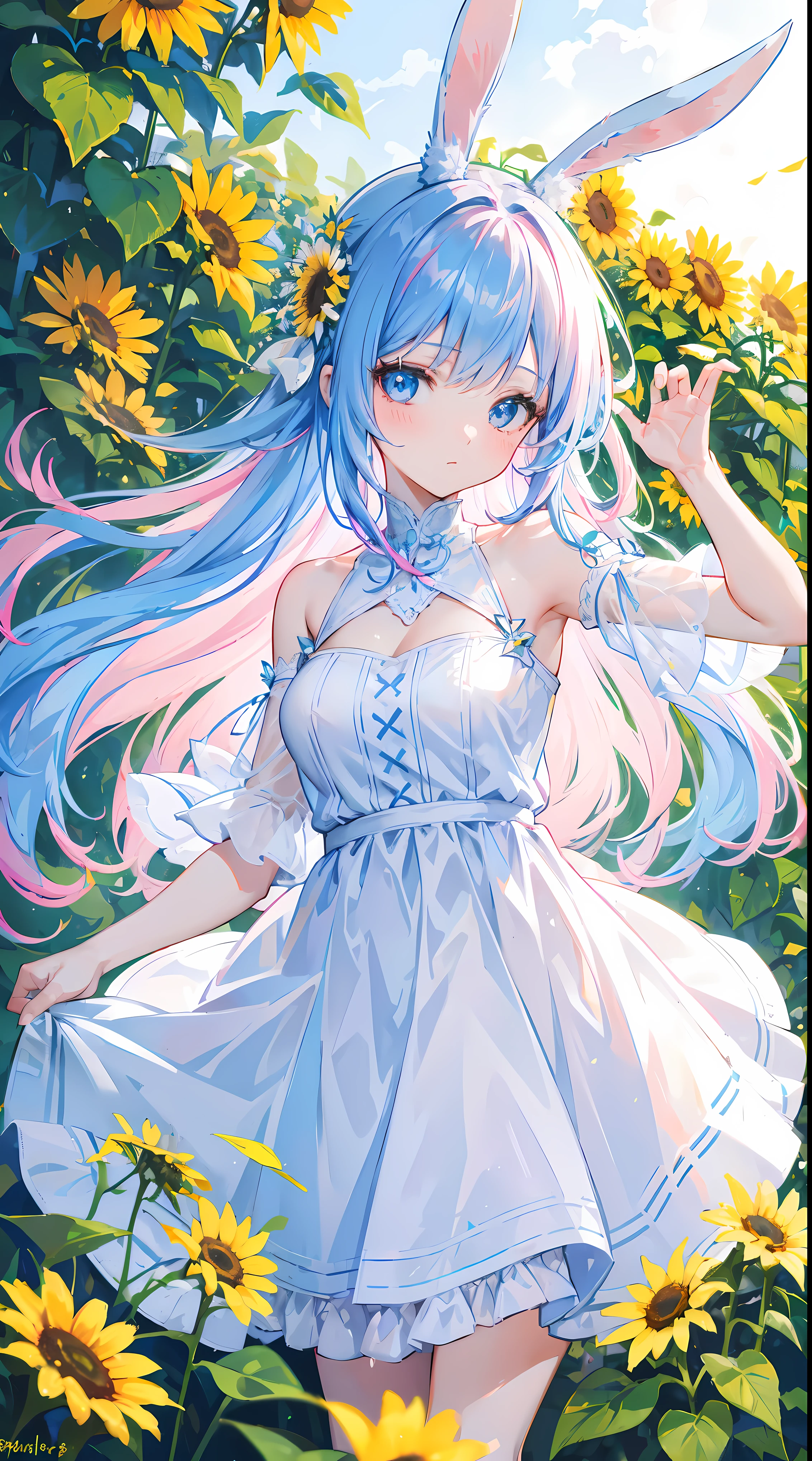 Blue and pink hair, 1 girl, eBlue eyes, looking at viewert, tropical garden, White sunflower dress, 8K, A high resolution, Morning, tmasterpiece, Super sharp, Two arms, Long gray hair, bunny ears