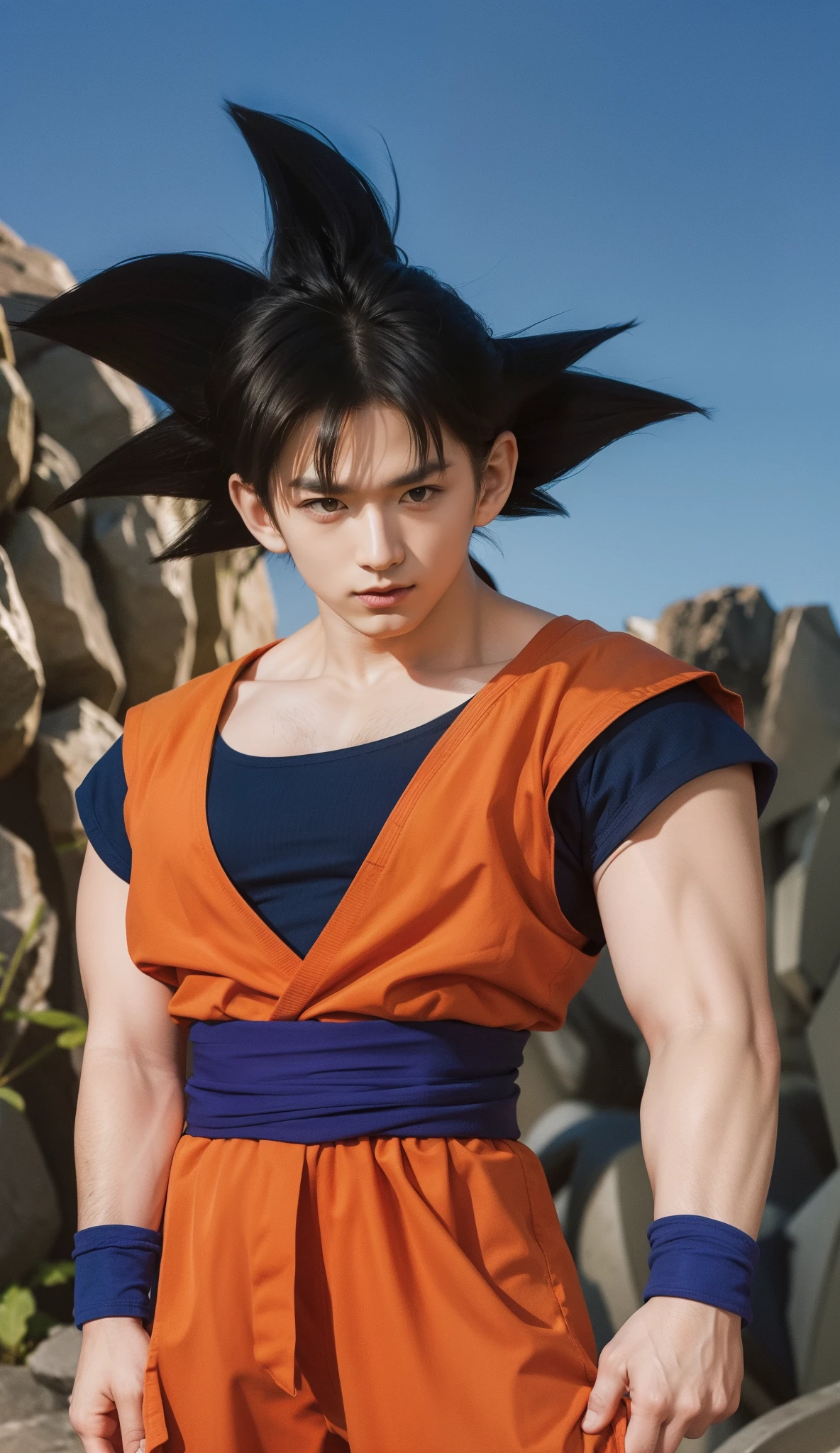 Real life adaptation of this character, his name is Sok Goku (realistic orange and blue outfit), spiky hair, orange pants, closed mouth, looking towards the viewer, dark blue arms at the sides, black eyes, blue belt, realistic background, from animation Japanese, handsome face, realistic clothes, realistic light, realistic shadows, realistic background, (photorealistic: 1.2), realistic hands