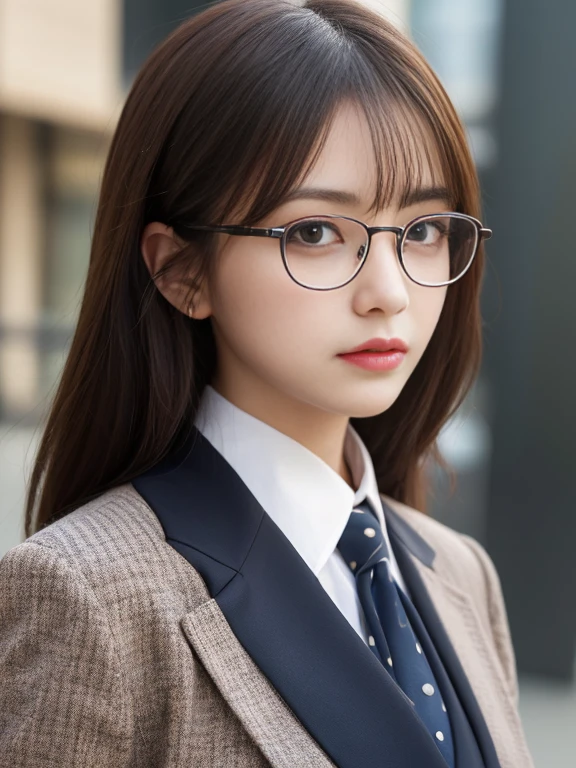 (SFW1.5), (A hyper-realistic), (High Definition),masutepiece, Best Quality, finely detail, hight resolution, 8K Wallpaper, Perfect dynamic composition, Beautiful detailed eyes, Natural Lip,Blazer ,Business suits,eye glasses,View here