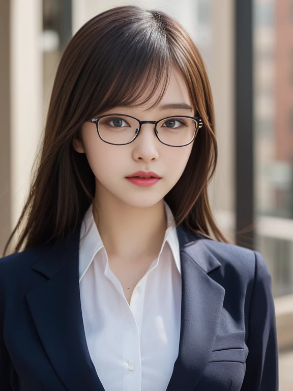 (SFW1.5), (A hyper-realistic), (High Definition),masutepiece, Best Quality, finely detail, hight resolution, 8K Wallpaper, Perfect dynamic composition, Beautiful detailed eyes, Natural Lip,Blazer ,Business suits,eye glasses,View here
