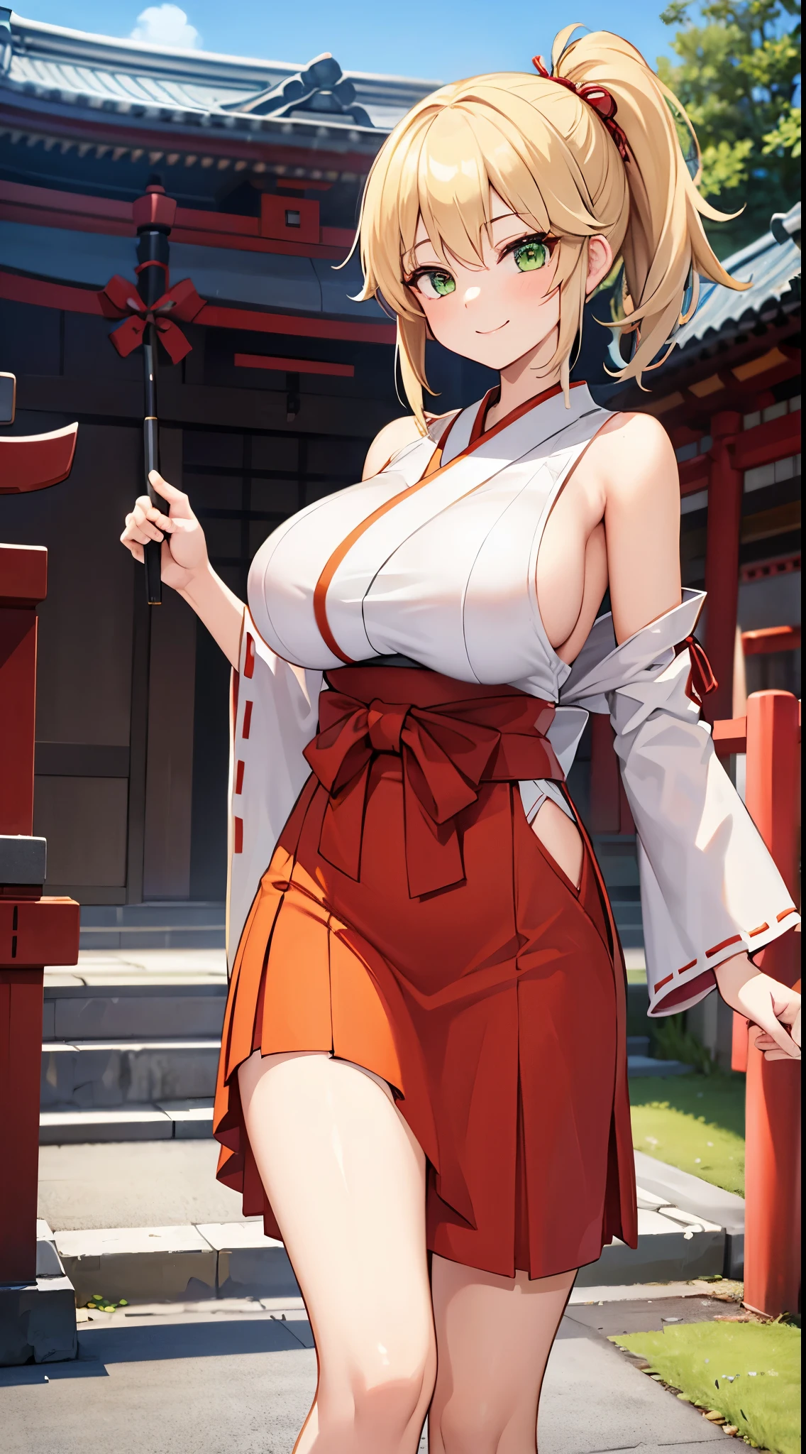 1 girl, game cg, miko, shoulders visible, short hakama skirt, gigantic breasts, blonde, middle hair, side ponytail, green eyes, smile, dynamic, Japanese shrines,