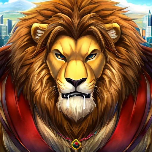 beast、horned、yellow fur、resembling a lion、has wings、A cityscape like Tokyo、drooling