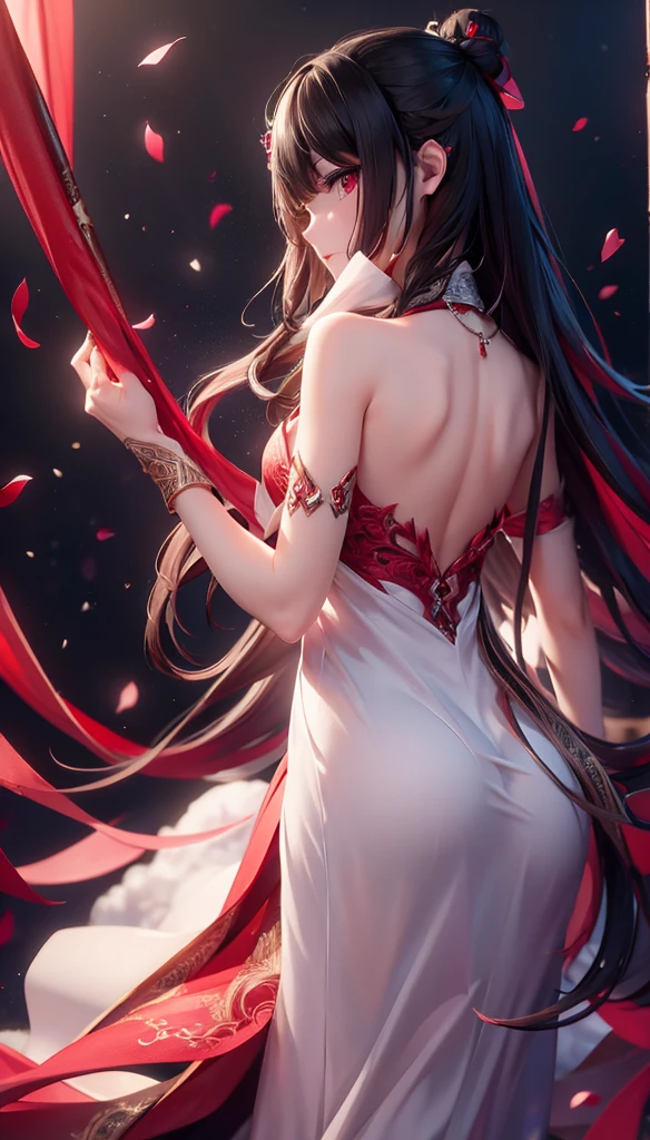 Dark hair、background with dragon、gazing at viewer、Wearing a black dress、Pretty Woman、masutepiece、Best image、Gorgeous hairstyle、Red Eyes、Wearing a red aura、