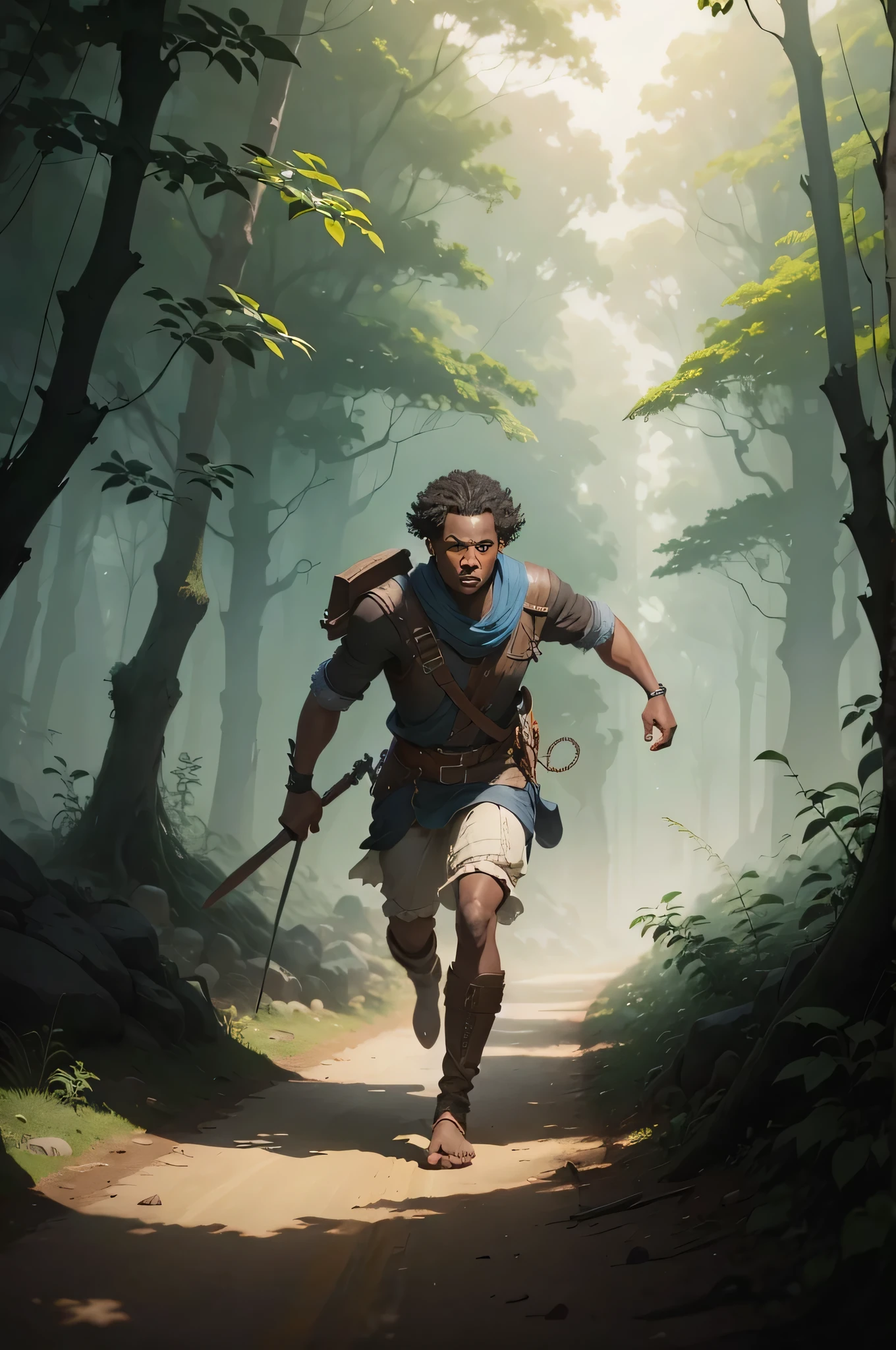 Imagem de um escravo negro, com cabelo afro cacheado, correndo em uma estrada de terra, in slave peasant clothes, 19th century, at night, fugindo em uma floresta, fantasy book illustration, Artgerm e Atey Ghailan, rob rey and kentarõ miura, diretor: Johannes Helgeson, Silvain Sarrailh, Tolkien e Michael Komarck, James Gurney e Andreas Rocha, Ross Tran e Michael Whelan, Contra-Plongée