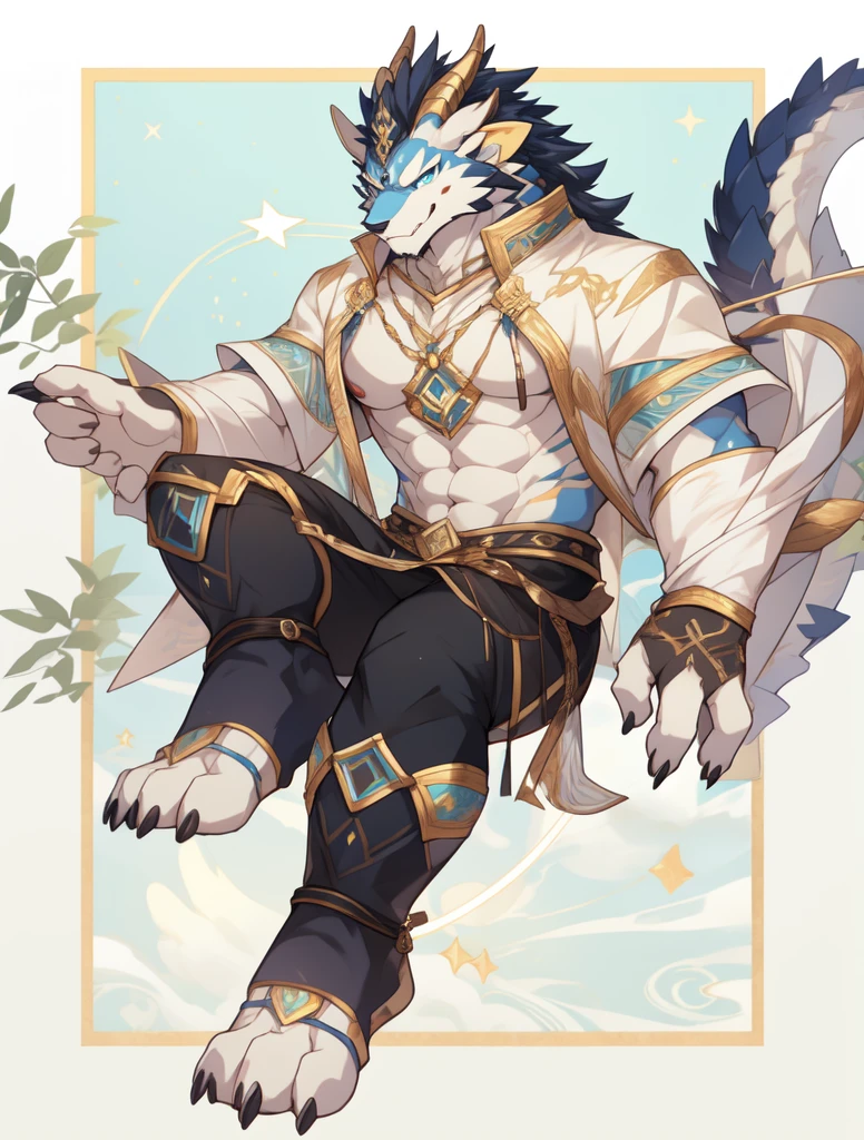 Furry-themed，背景以starrysky为主题，Single role，Cool，Left eye: Klein blue eye，The right eye is vermilion，眼睛the detail，There is light in the eyes，golden gemstone，一只魔drak，drak形furry，Handsome young male，8k,Vivid and bright，Milky white horns，克莱因色的角grain，Body main body black，White belly，A high resolution，Beast body，drak族，drak，8K，ultra - detailed，dynamic angle，Full body photo，drak语魔法，opulent，posh，the detail，Self-luminescence，8K，depth of fields，high qulity，starrysky，𝓡𝓸𝓶𝓪𝓷𝓽𝓲𝓬，grain，exoskeleton,Starry river in eyes，Pubic area is clear，Layered，电路grain，starrysky背景，圆润颤动的the detail飞溅 --niji 5