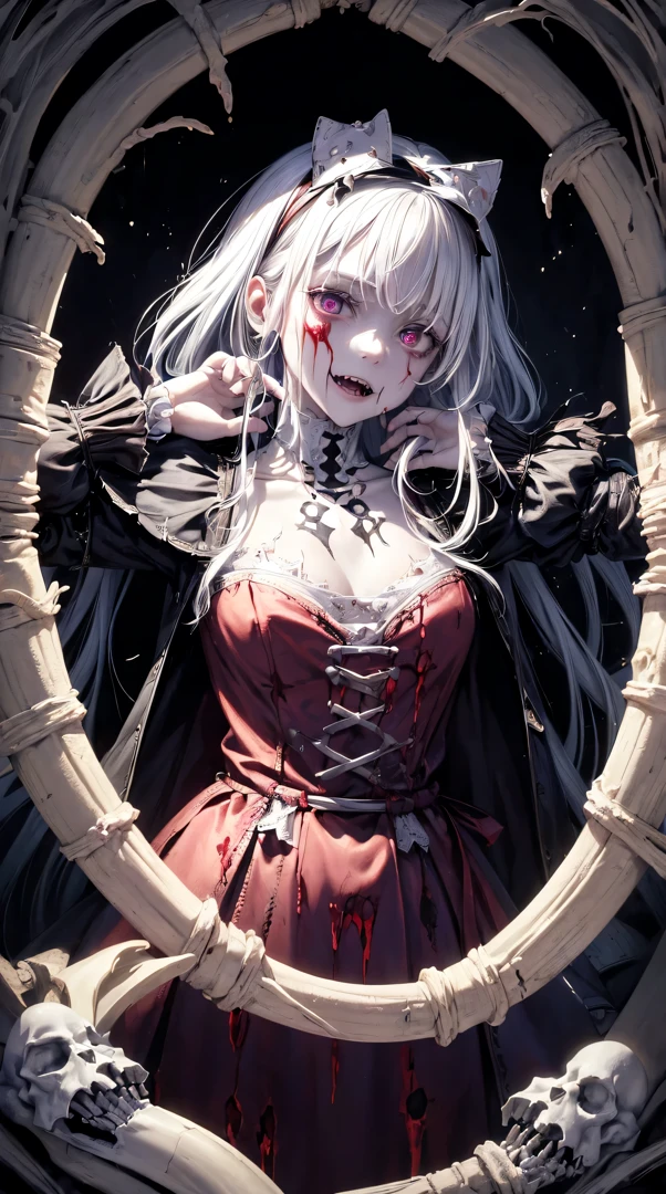 (((Alice in Wonderland:1.1))), 1girl, masterpiece, best quality, 8k, detailed skin texture, detailed cloth texture, beautiful detailed face, intricate details, ultra detailed, (a bow on her head:1.1), BACKLIGHT, realistic art, extremely delicate and beautiful, ultra-detailed, 1girl, white hair, vampire, yandere, creepy smile, (((Black goo flowing from eyes, eldritch Horror, skeleton, exposed Bone, bleeding, undead, rotting, ripped flesh, ((Blood)), gore, creepy, scary, monster, evil, insane ))) glowing dark red eyes, floating, detailed light, illustration, dynamic angle, depth of field, Short Vampire girl, long hair, ((white hair)), showing fangs, pale white skin, (ultra high res, best quality,), (8k, raw photo, best quality, masterpiece), technological sense, best quality, masterpiece, illustration,CG ,unity ,wallpaper, official art, Amazing, finely detail, an extremely delicate and beautiful,extremely detailed, highly detailed, sharp focus,rich background, (real person,photograph), ((high detailed skin))
