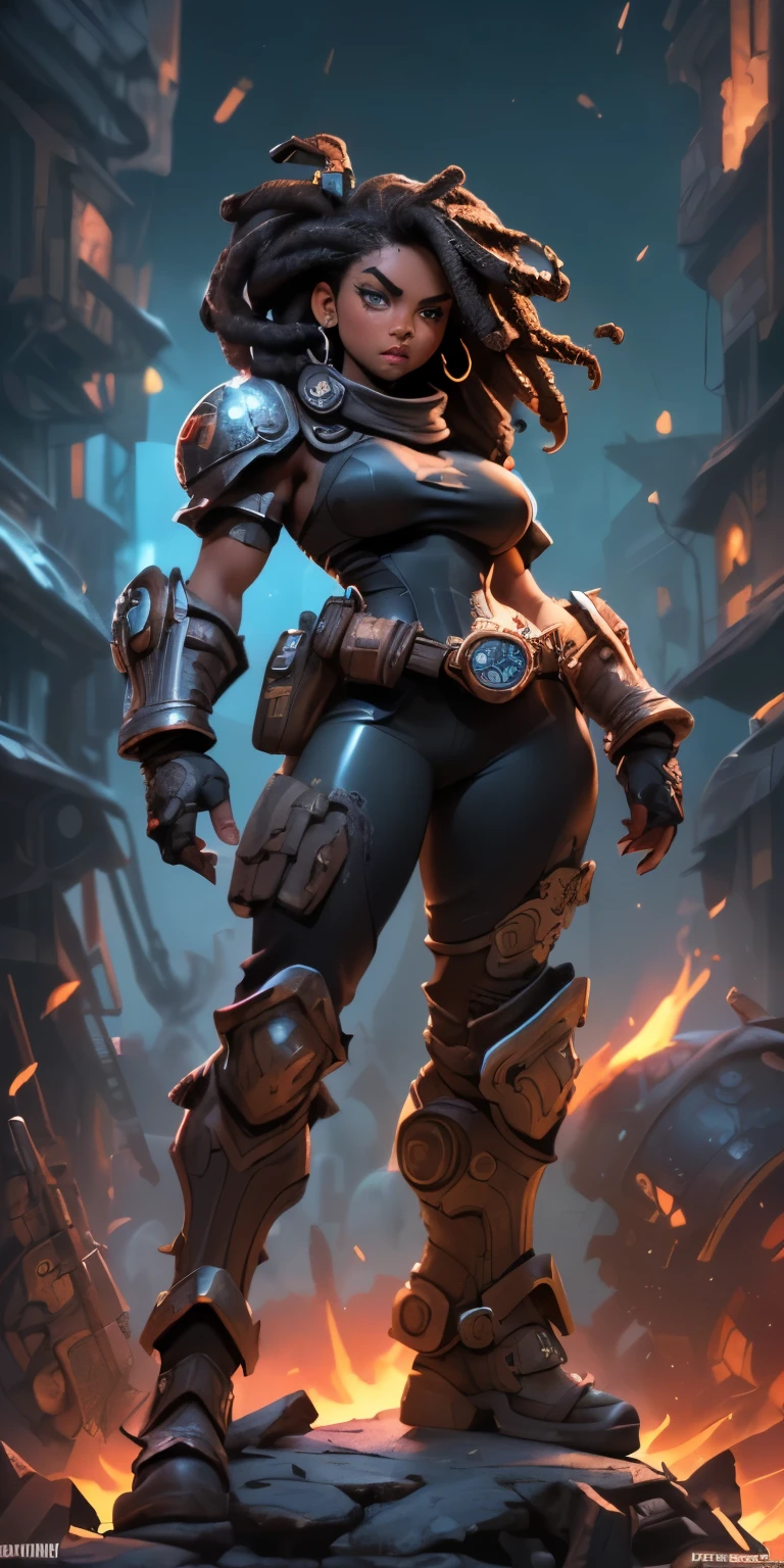 (((NSFW, desenho de linha, Desenho em aquarela, best quality, Ultra Detalhado, master part, 1 mulher negra de 21 anos, pele negra, corpo inteiro, corpo magro, Gears of War estilo sci-fi NSFW caça))), ((1 mulher negra de 21 anos, pele negra, cabelo dreadlock, beautiful face, rosto bem desenhado, symmetrical face, detailed hands, well drawn hands, symmetric eyes, corpo magro: 1.2, sci-fi soldier, Usando NSFW Armor Sci-Fi, corpo magro esbelto, corpo inteiro)), dynamic pose, Pose de combate, motor ureal 5, 8k, drama ao vivo, apocalyptic cityscape, proporcional, symmetric, proportion Aurea, art-station, Velhaco, Dynamic Combat Pose, Steampunk