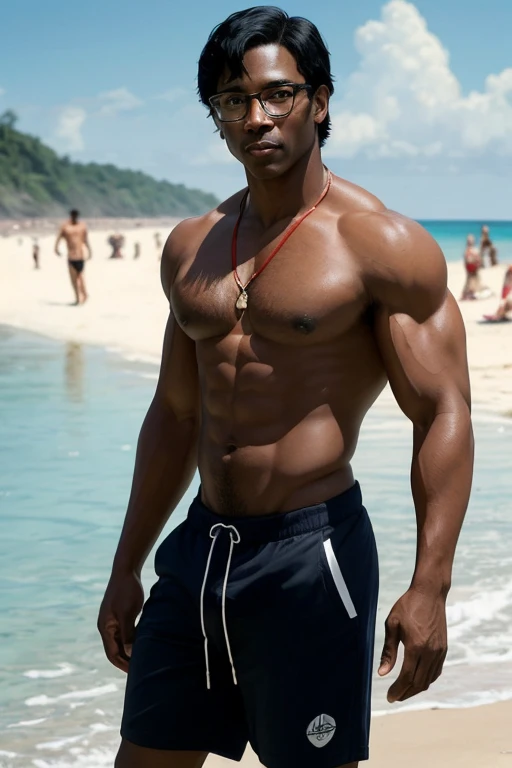 ((best quality)), ((masterpiece)), (detailed), Illustration, Glass, Masterpiece, Best Picture, Pop Culture Style, pulp, BREAK, 68-year-old man, black hair, ebony skin
, muscular, male lifeguard , shirtless, wear glasses, working at the beach