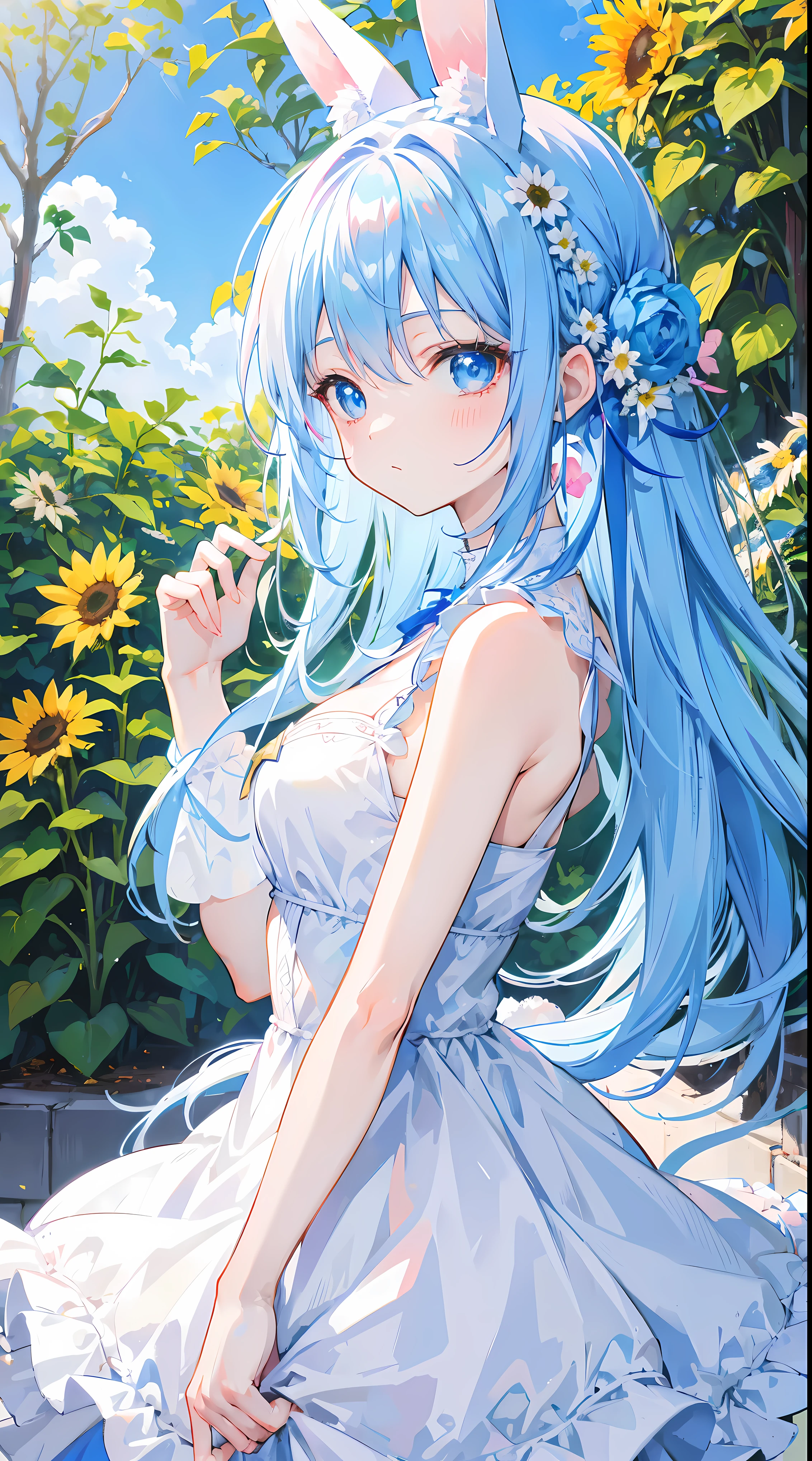 Blue and pink hair, 1 girl, eBlue eyes, looking at viewert, tropical garden, White sunflower dress, 8K, A high resolution, Morning, tmasterpiece, Super sharp, Two arms, Long gray hair, bunny ears