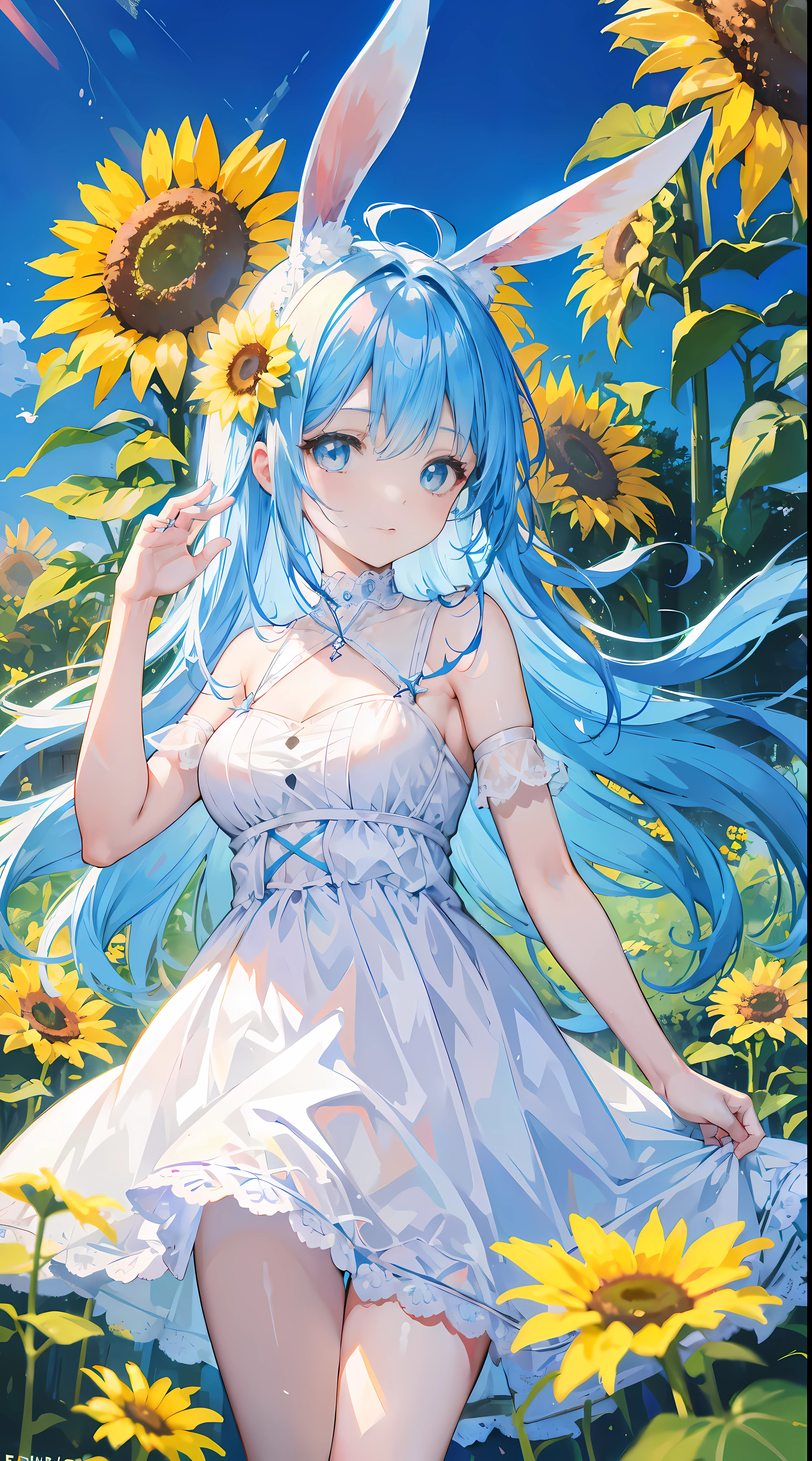 Blue and pink hair, 1 girl, eBlue eyes, looking at viewert, tropical garden, White sunflower dress, 8K, A high resolution, Morning, tmasterpiece, Super sharp, Two arms, Long gray hair, bunny ears