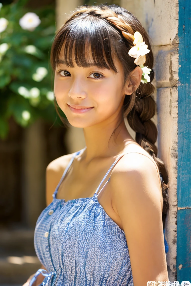 tanned beautiful girl、early summer、Provence region、japanes、wearing a summer dress、18year old、With bangs、Braids、
