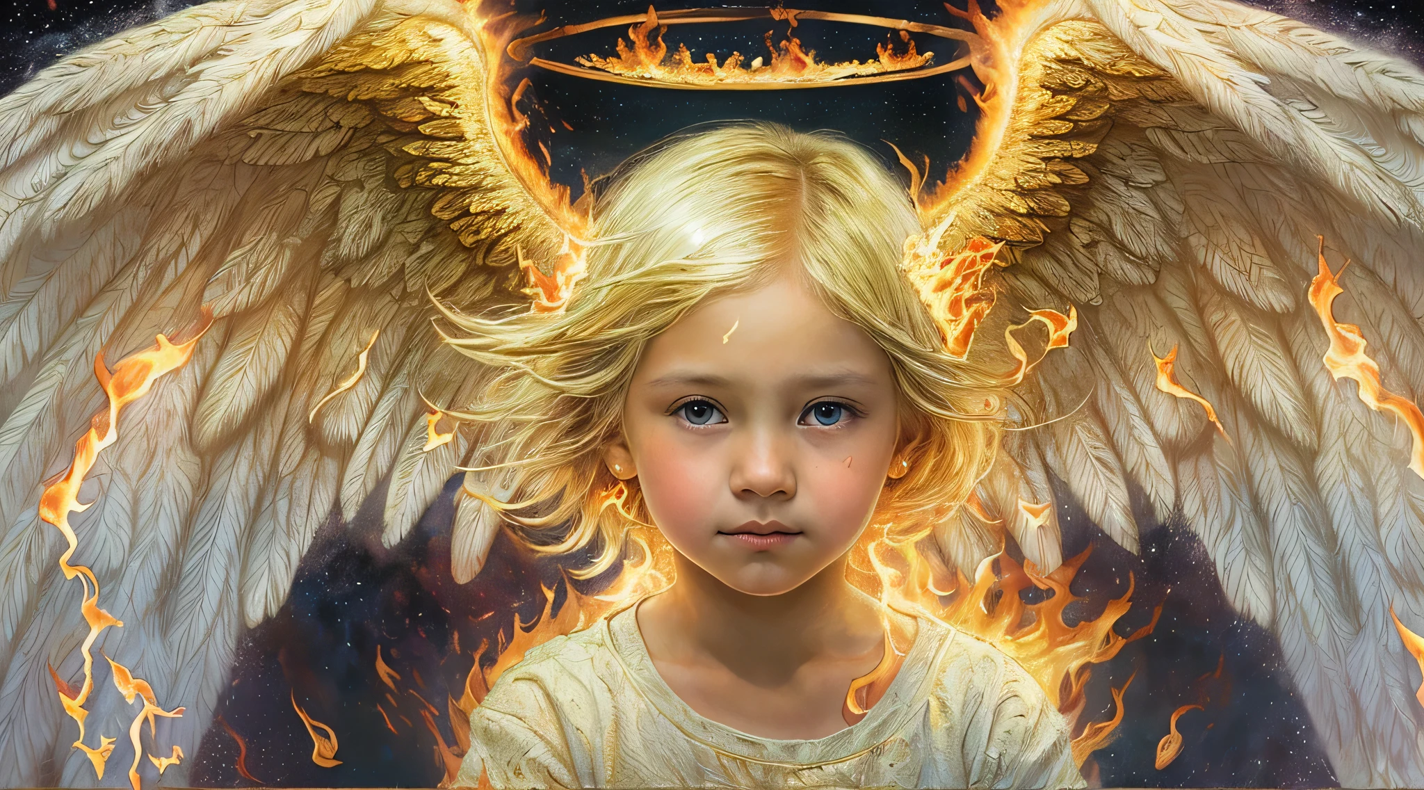 best quality, 4k, (foco nítido: 1.1), Detalhe realista, child angel with blonde hair, fantasia, fantasia portrait, fire, (wings made of fire: 1.3), ouro gravado, halo made of fire, night sky,