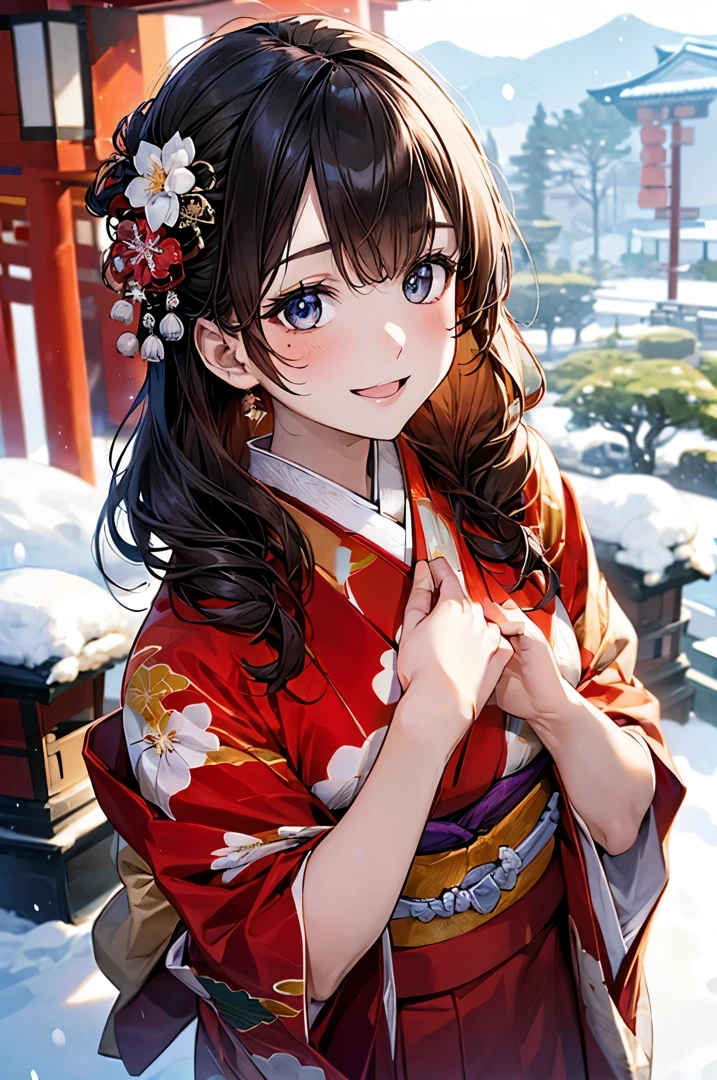 ((perfect anatomy, anatomically correct, super detailed skin)),
1 girl, japanese, high school girl, shiny skin, large breasts:0.5, looking up, watching the view,
beautiful hair, beautiful face, beautiful detailed eyes, (middle hair:1.5, japanese hair:1.5), black hair, blue eyes, babyface, mole under eye,
(((floral luxury red kimono), hair ornament)),
((smile:1.5, open your mouth wide)), walking,
(beautiful scenery), winter, dawn, (new year's day, first visit), hokkaido, sapporo, outside hokkaido shrine, crowd, snow, snowfall:1.5, freezing weather, frost,
(8k, top-quality, masterpiece:1.2, extremely detailed), (photorealistic), beautiful illustration, natural lighting,