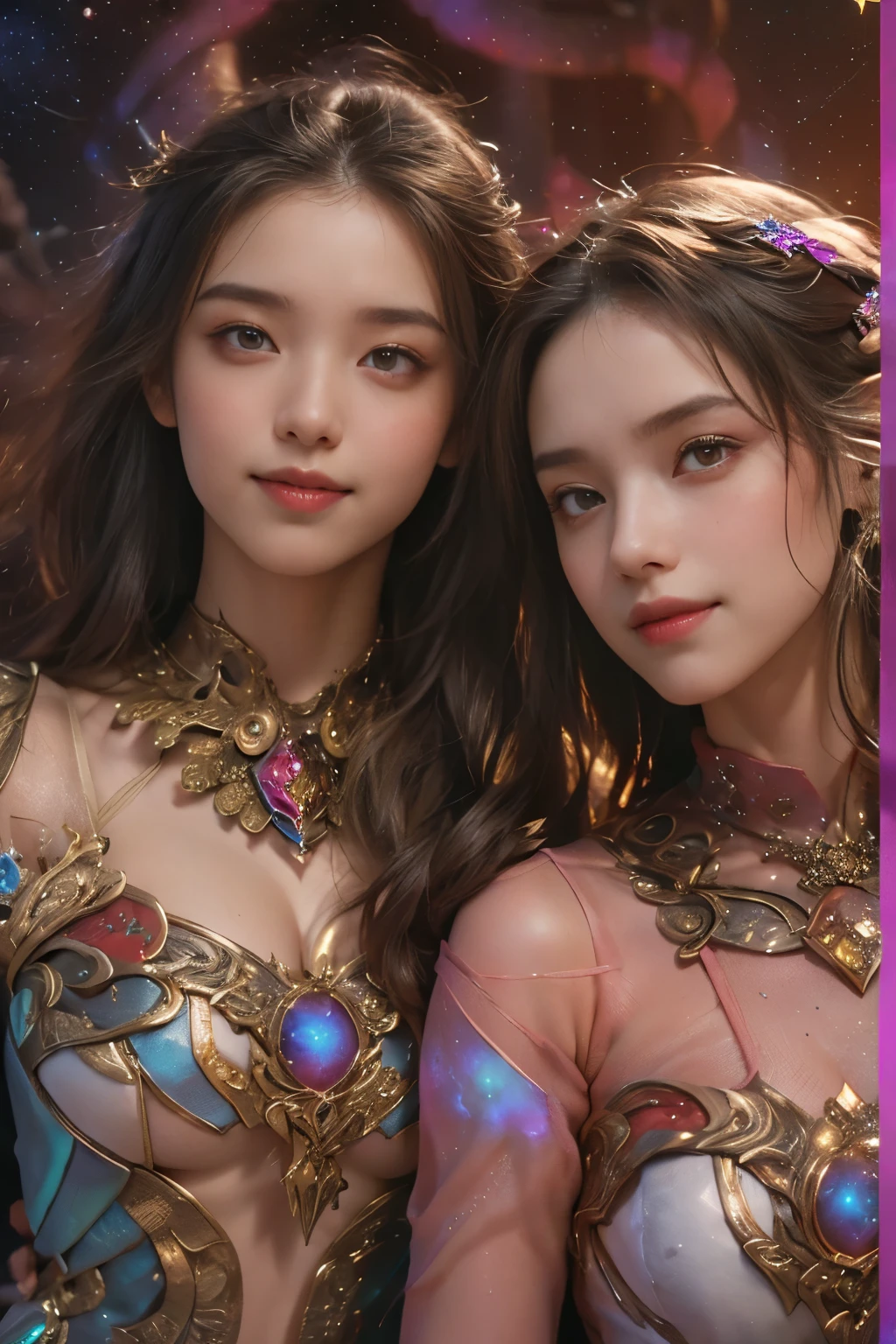 (Two beautiful teenage italian girls:1.6), Close friends, (They are hugging each other:1.2), Kiss her cheek or chest,(Detailed iridescent bodysuit with beautiful fractal or marble design:1.5)Incredible and spectacular scenes, ((High quality)), ((Detailed)), ((Fantasy)), Blue Plasma Brain, Green Plasma Body, Vulgarity, beutiful breast, (Open legs:1.4), obscenity, (Lewd smile:1.2), coarse, Obscene, mean, (raunchy:1.2), (Immoral:1.2), Lachish, (small breasts with beautiful raised pink areolas,,,,,:1.5), (Cameltoe), (Expression of ecstasy:1.2), Photorealistic, Official art, unity 8k wall paper, 8K Portrait, Best Quality, Very high resolution, (Incredibly beautiful nature background:1.6), (18 years old:1.5), (Sexy and glamorous:1.1), (A coquettish expression:1.6), (seductively smiling:1.6), (Full body), (erotic posing:1.5), Beautiful seductive face, Portrait, (Thick eyebrows:1.5), (Big purple eyes:1.2), Beautiful eyes with fine symmetry, (Ultra detailed eyes:1.4), (High resolution eyes:1.1), Intimate face, (ultra detailed skin texture:1.4), White skin, pale skin, Perfect Anatomy, Thin, (Beautiful toned body:1.1), Hair Bow, (Moist skin:1.1), full of sweat, No makeup, dark circles, Good anatomy, Focus Face, good-looking, (Emilia Clark:0.6) (Emma watson:0.3),(Jennifer Connelly:0.4), (sensual face:1.5), Elegant face, Nice, Dolce, Blurred back((looks up)), ((Looking down)), (Around her neck is a simple necklace of exquisite workmanship), (Bioluminescence with brilliant brilliance:1.3),  great temple, great cathedral, temple ruins, detached temple, (Luminous magic circle), Ruins of an ancient castle, Shining majestic cloud masses and sky, lightning bolt, Epic Realistic, Faded, Art Book, (Greg Rutkowski:0.8), (teal and orange:0.4), (Art Station:1.5), Cinematic, ((Neutral colors)), (nffsw:1.5), (Muted colors:1.2), Hyper Detailed, Dramatic light, (Intricate details:1.1), with  the