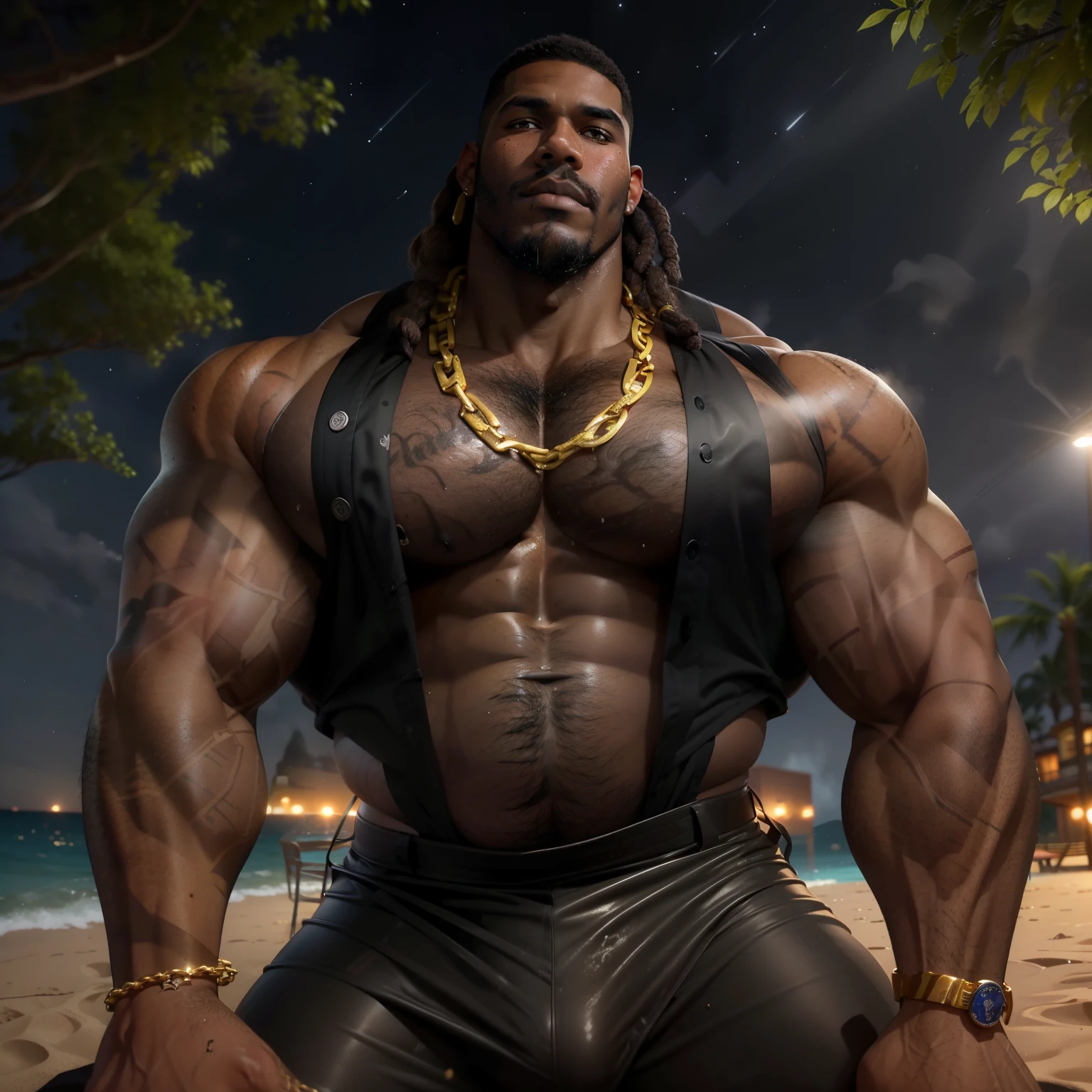 Giant 18 years old black man, absurdly huge bulge, giant growing more and more, macrophilia, briefs, stubble, broad shoulders, thick lips, vascular, ((very dark skin)), (black skin), very sweaty, huge belly, thick thighs, very thick arms, large , smirk, tattoo, thug, gold jewelry, heavy gold chain, romantic, blushing, veiny hands, photorealistic, romantic, dreadlocks, short beard, looking at viewer, from below, steaming body, steam, wet, on all fours on beach, moonlight, stars, wet
