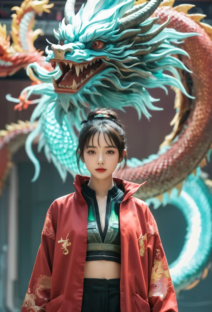 A cute Chinese girl,Standing next to the Chinese dragon,Red Chinese traditional costume，Double ball hairstyle，Dragon in the background, rainbowing，a hologram，masterpiece，UHD, 8K, ultraclear，