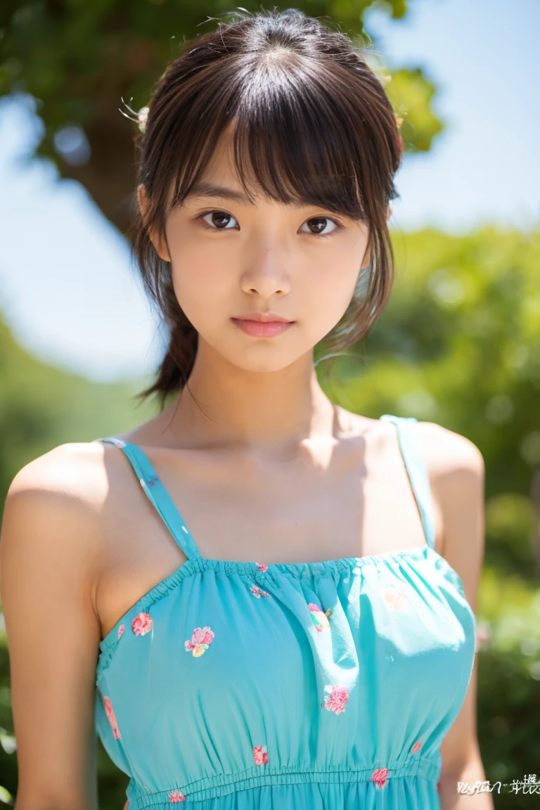 highest quality, High resolution, Realistic photo, Detailed skin texture, ((Cute 12 year old Japanese girl wearing a see-through, short sleeveless sweater)), View your viewers, Slim figure, Attractive gaze, Fair skin, (Flat Chest:1.5), Straight long hair, (loli:1.2), In the park with cherry blossoms falling