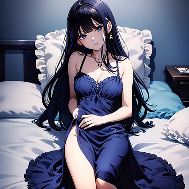 jewelry, 
Position: sleeping
Background: bedroom, on bed
Dress:  blue night dress,no underwear,holding onexposed breast,expose pussy