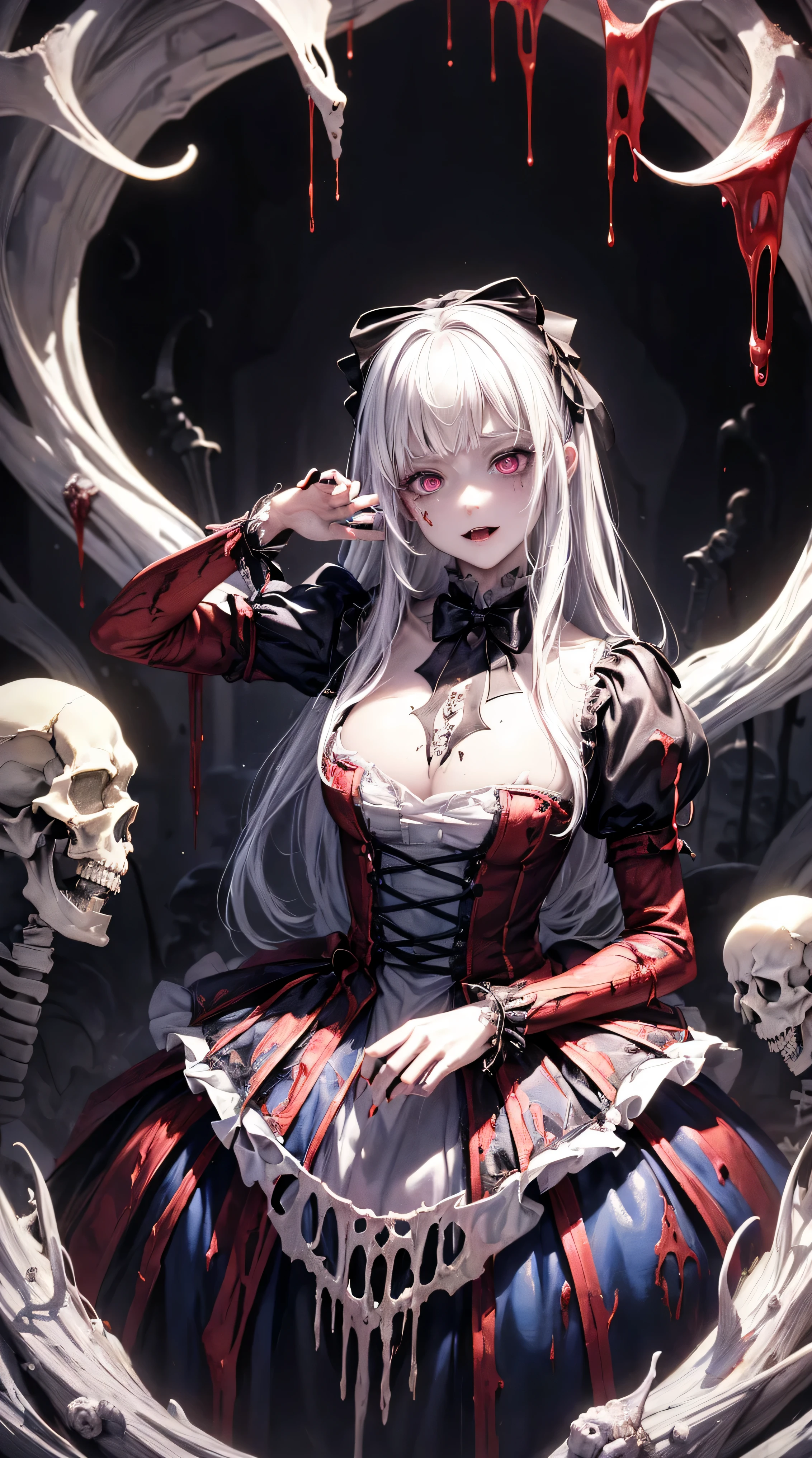 (((Alice in Wonderland:1.1))), 1girl, masterpiece, best quality, 8k, detailed skin texture, detailed cloth texture, beautiful detailed face, intricate details, ultra detailed, (a bow on her head:1.1), BACKLIGHT, realistic art, extremely delicate and beautiful, ultra-detailed, 1girl, white hair, vampire, yandere, creepy smile, (((Black goo flowing from eyes, eldritch Horror, skeleton, exposed Bone, bleeding, undead, rotting, ripped flesh, ((Blood)), gore, creepy, scary, monster, evil, insane ))) glowing dark red eyes, floating, detailed light, illustration, dynamic angle, depth of field, Short Vampire girl, long hair, ((white hair)), showing fangs, pale white skin, (ultra high res, best quality,), (8k, raw photo, best quality, masterpiece), technological sense, best quality, masterpiece, illustration,CG ,unity ,wallpaper, official art, Amazing, finely detail, an extremely delicate and beautiful,extremely detailed, highly detailed, sharp focus,rich background, (real person,photograph), ((high detailed skin))