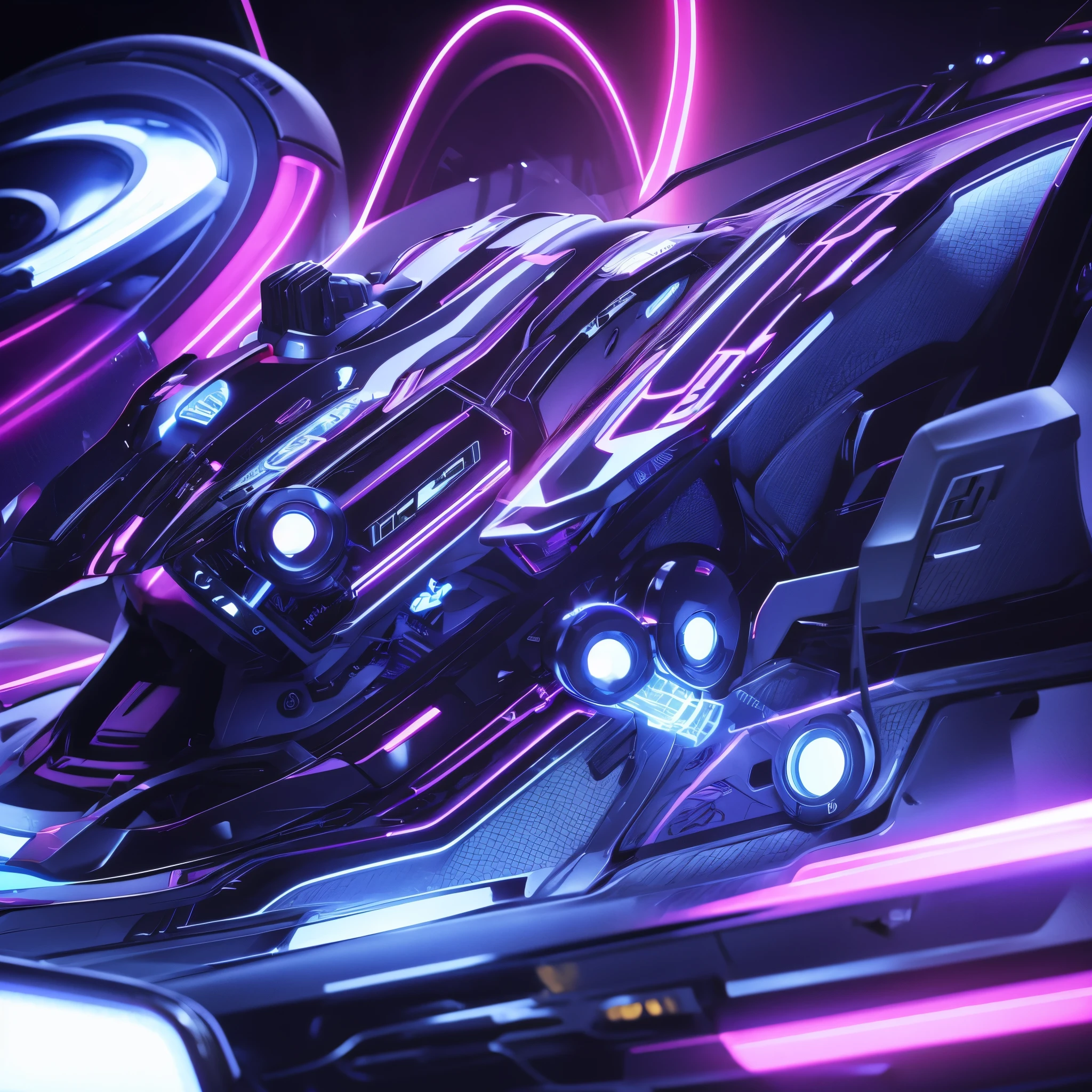 black background with neon purple circuit tracks, blue gears around