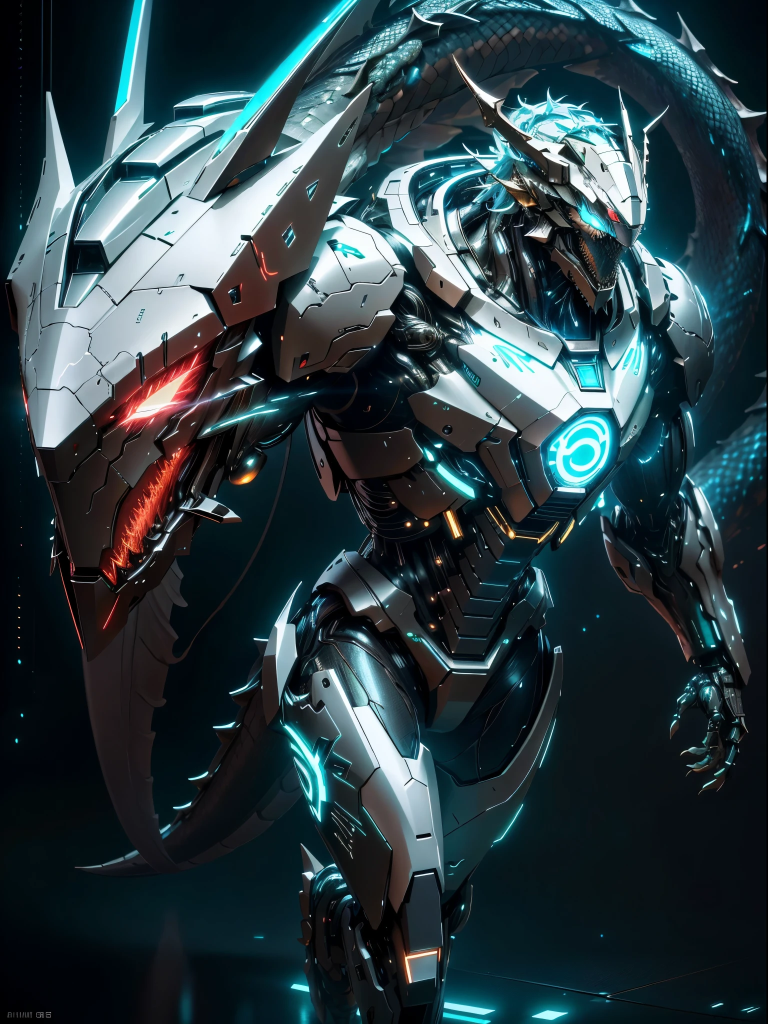 realistic,shiny,reflective,bioluminic, galactic cybernetic mask,mecha,(White Knight with a dragon face:1.2)sh4g0d,GlowingRunes_red, slim body, fullbody,cinemnatic, neon lights in the background,back light,high contrast,