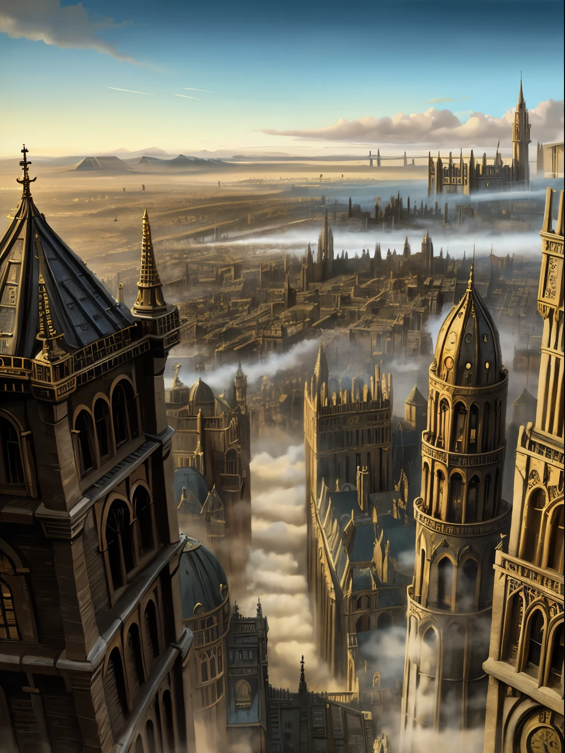 Steam punk mediaeval city landscape, dense skyline, realistic, detailed, building details