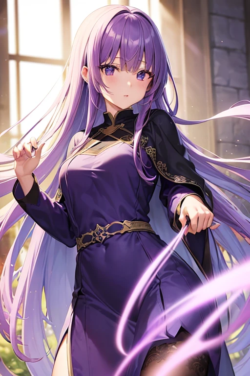 masutepiece, Best Quality, girl with、((Beautiful detailed eyes))、 (Detailed light)、depth of fields、Light purple hair、Light purple eyes、very long hair、Light purple dress,medium breasts、((Dark blue cloak)),raided bangs