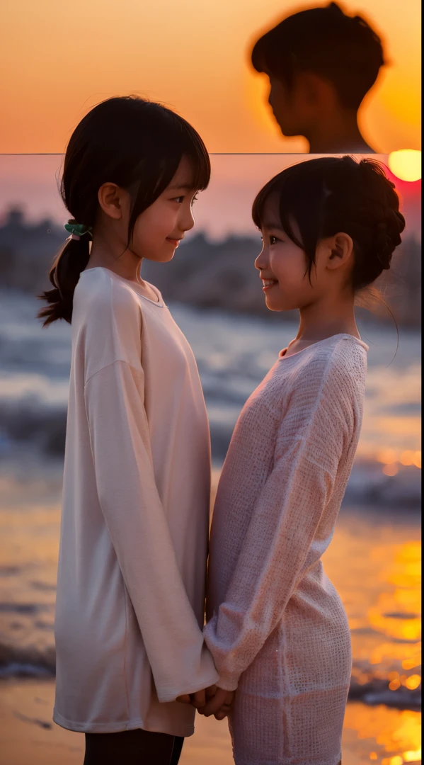 Summer evening,Beautiful sunset,beachside,Two girls with short high school hair in sailor suits treading water on the beach,A smile on his face,High quality hair,high detal,Faraway view,Fuji colors,Turret 400,Tilt view