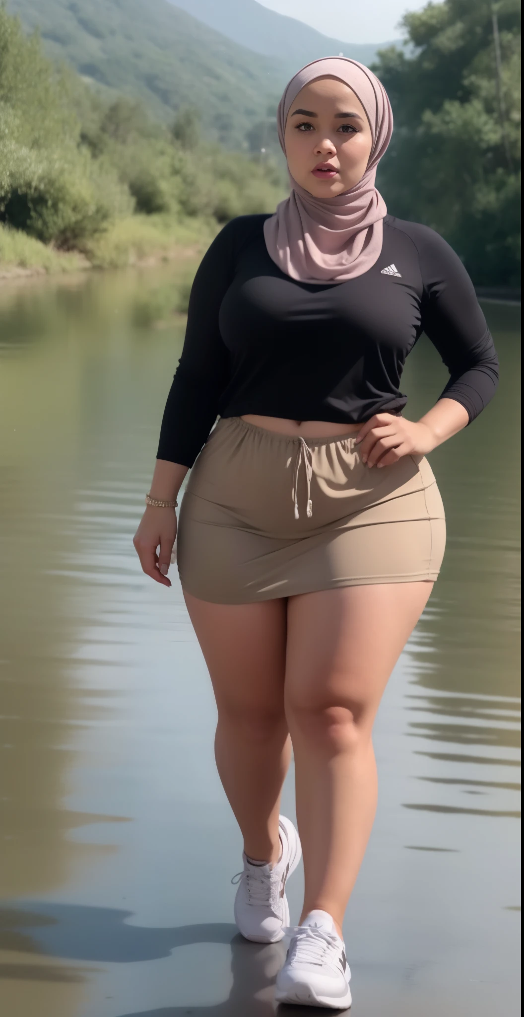 ((HIJAB MALAY GIRL)), ((BBW)), SHORTS, HUGE WIDE BUTT, WIDE BUTT, 63 YEAR OLD METURE women's, METURE women's, (ROSE LIPS), (ADIDAS SNEAKERS), (TIGH SKIRT), walking in style on a Village river, (ANGRY FACE EXPRESSION), TRANSPARENT, STAYING, THICK FOG. FOGGING,