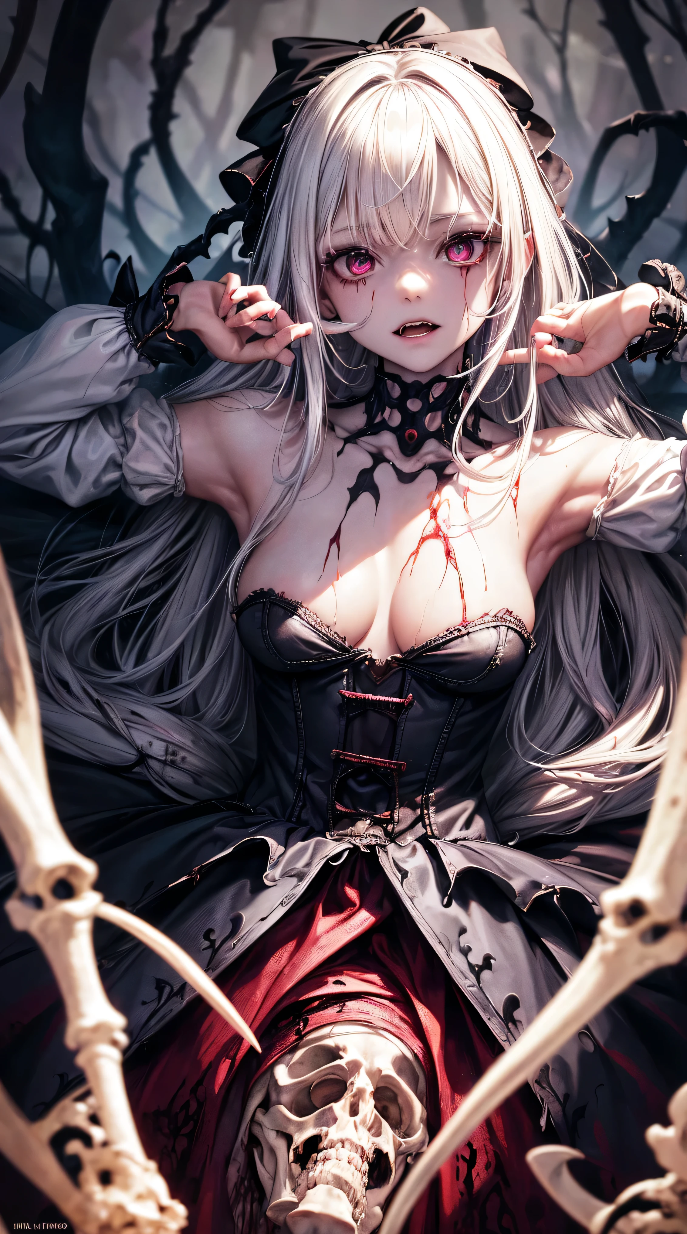 (((Alice in Wonderland:1.1))), 1girl, masterpiece, best quality, 8k, detailed skin texture, detailed cloth texture, beautiful detailed face, intricate details, ultra detailed, (a bow on her head:1.1), BACKLIGHT, realistic art, extremely delicate and beautiful, ultra-detailed, 1girl, white hair, vampire, yandere, creepy smile, (((Black goo flowing from eyes, eldritch Horror, skeleton, exposed Bone, bleeding, undead, rotting, ripped flesh, ((Blood)), gore, creepy, scary, monster, evil, insane ))) glowing dark red eyes, floating, detailed light, illustration, dynamic angle, depth of field, Short Vampire girl, long hair, ((white hair)), showing fangs, pale white skin, (ultra high res, best quality,), (8k, raw photo, best quality, masterpiece), technological sense, best quality, masterpiece, illustration,CG ,unity ,wallpaper, official art, Amazing, finely detail, an extremely delicate and beautiful,extremely detailed, highly detailed, sharp focus,rich background, (real person,photograph), ((high detailed skin))