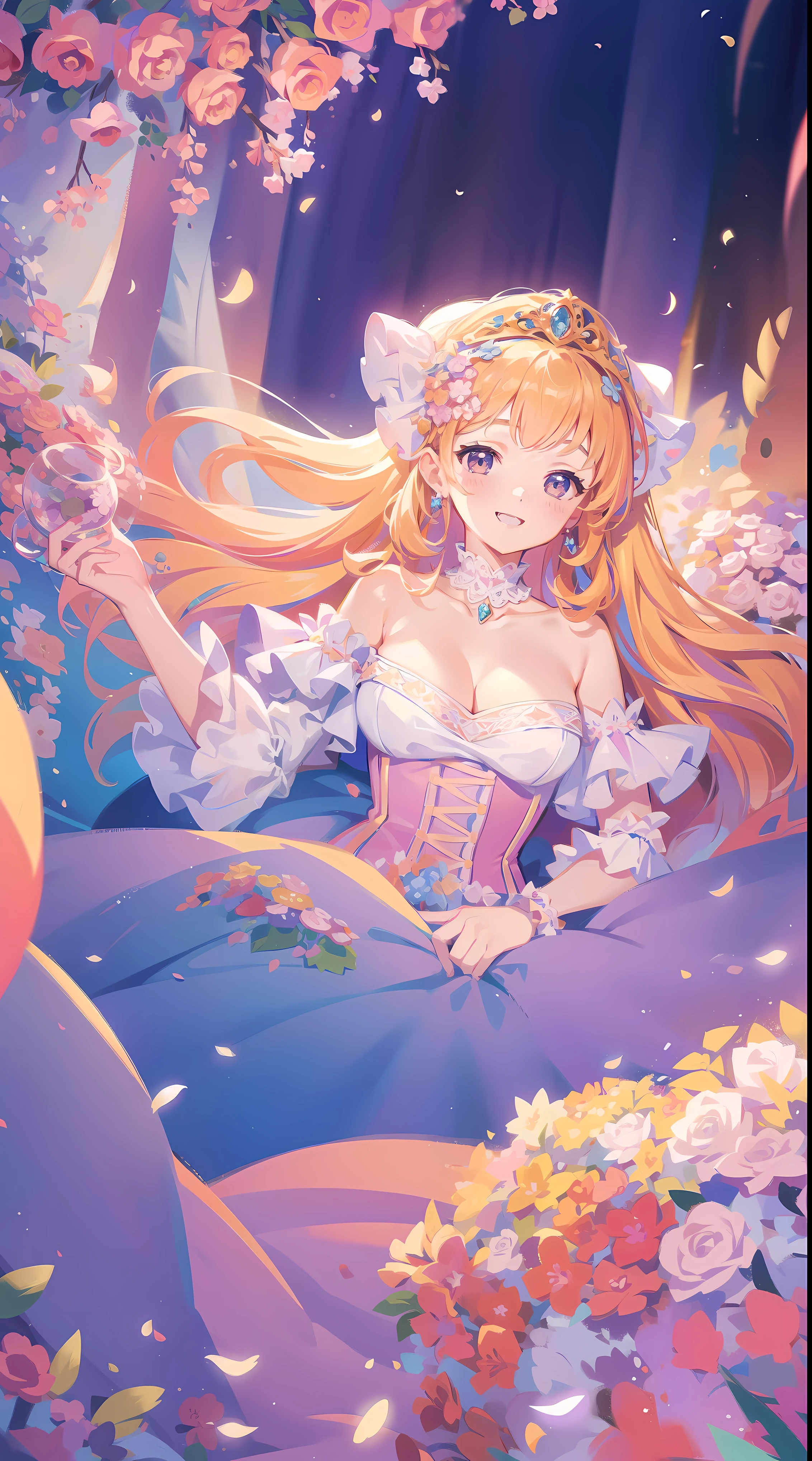 tmasterpiece, 8K, Focus sharp, A high resolution, A princess, beuaty girl, Fantastical A princess dress, Fluffy layered prom dress, big bust bra, collars, Focus sharp, Meticulous clothing design, Colorful, Whimsical, Fantastical, magical，with smile