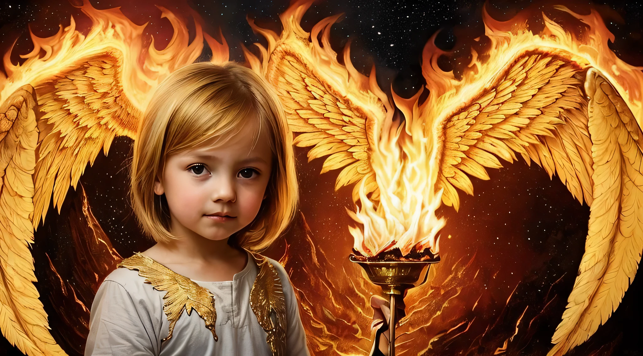 best quality, 4k, (foco nítido: 1.1), Detalhe realista, child angel with blonde hair, fantasia, fantasia portrait, fire, (wings made of fire: 1.3), ouro gravado, halo made of fire, night sky,