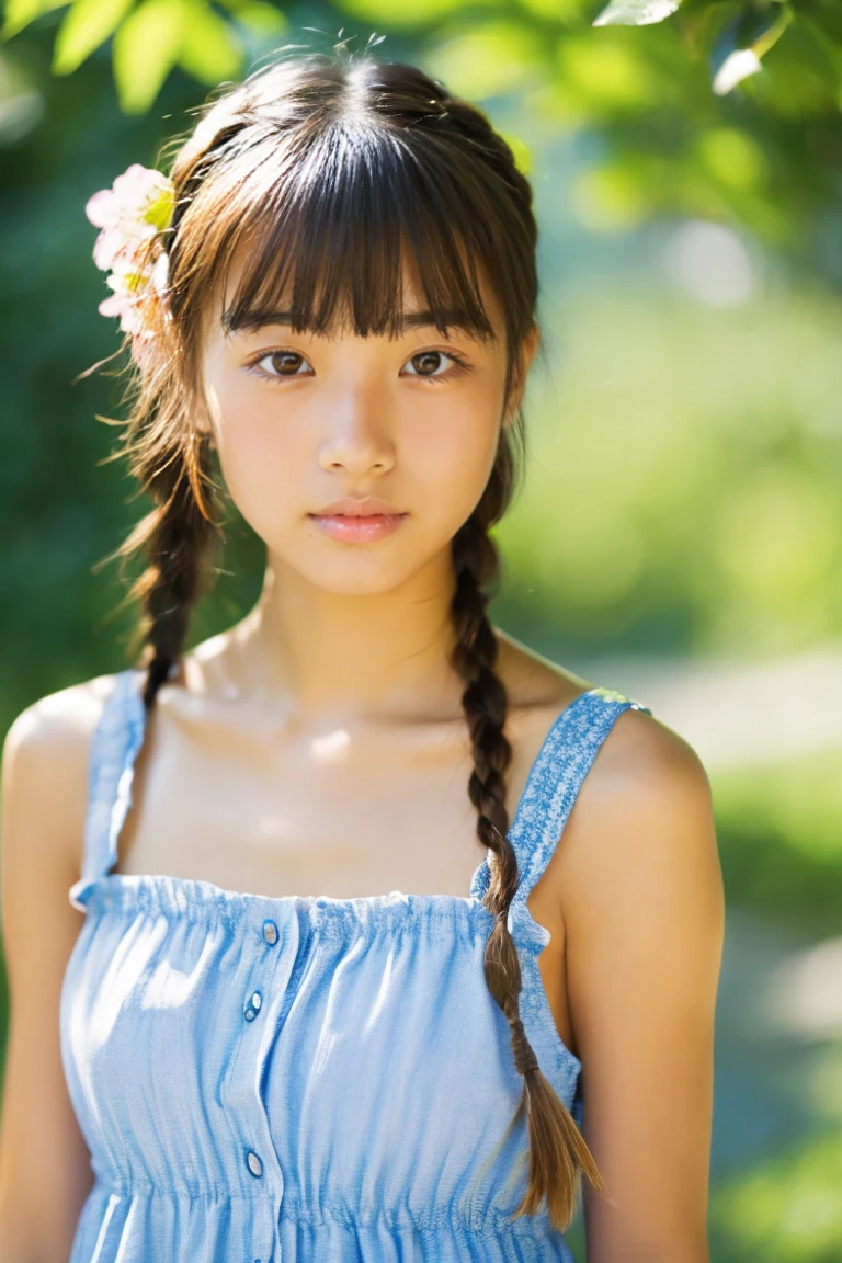 tanned beautiful girl、early summer、Provence region、japanes、Narrow-eyed、Eye of the cut、A heavy eyelid、wearing a summer dress、18year old、With bangs、Braids、