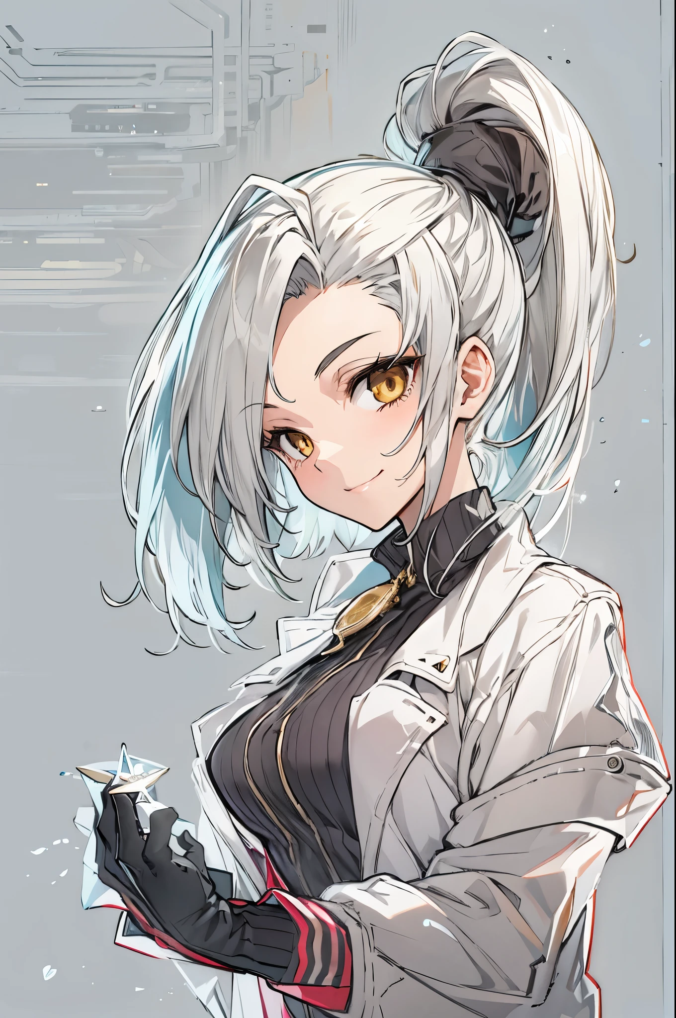 1girl, {solo}, upper body ,{{ {looking at viewer}}}, arm at side, concept art, white background, simple background, white hair, silver gradiient hair , gold eye,complex cloth, asymmetrical clothes, virtual youtuber, best quality, masterpiece, dynamic angle, disgaea style, disgaea style, disgaea style, from above, leaning forward, high ponytail, cowboy_shot, looking_back, grabbing, girl,woman,female, young,20 years old, very long hair, flipped hair, silver hair, flowing hair, ahoge, smirk, beautiful and delicate golden eyes, teeth, medium_breasts, blonde eyes, grey Clothes, grey coat, whiteshirt, black trousers, open jacket, black Clothes,transparent_background, backlighting, absurdres, highres, ultra detailed,