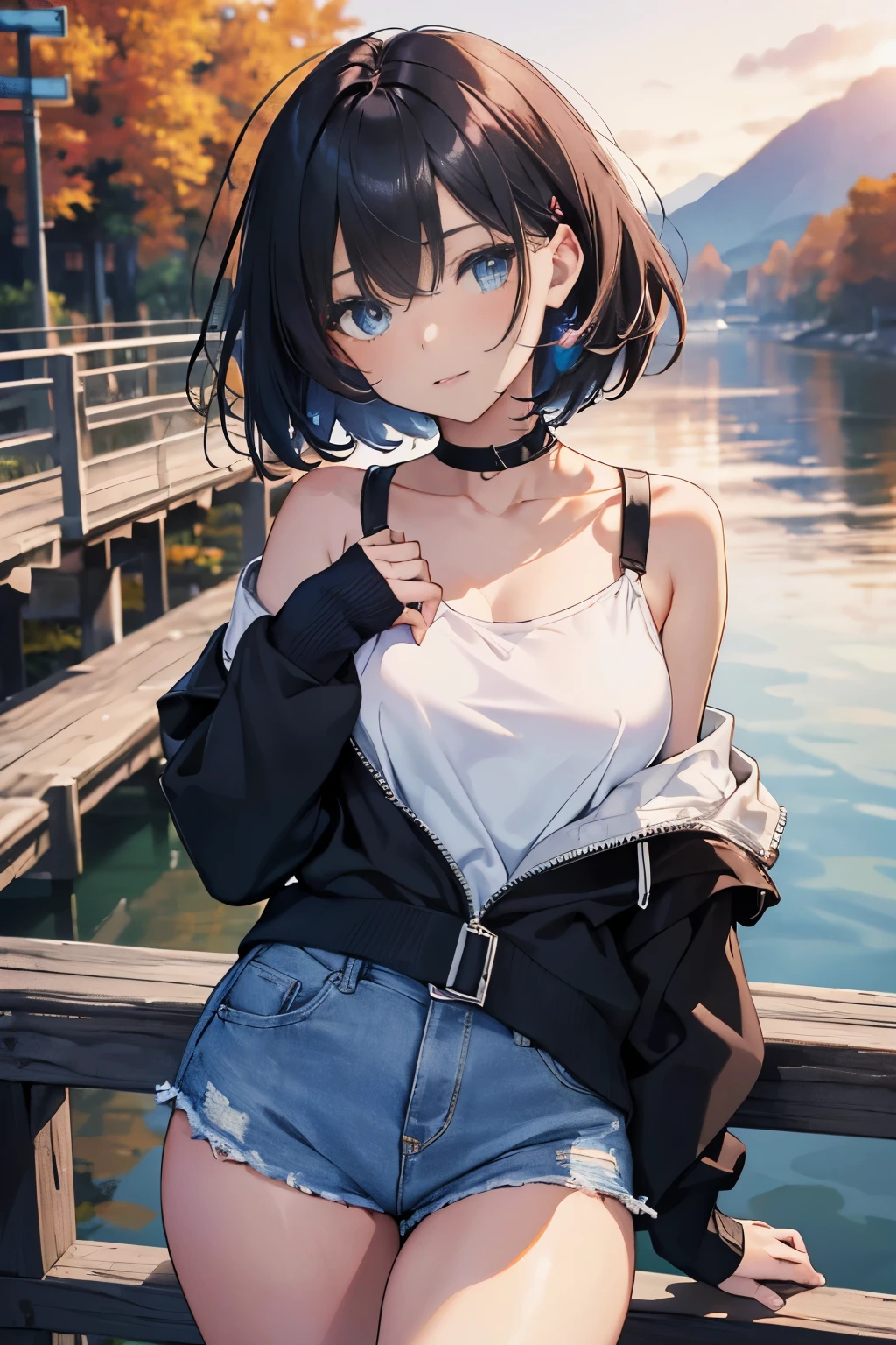 (Masterpiece:1.2, high quality), (absurdres:1.2), (pixiv:1.4), (1girl:1.2), (solo:1.2), (smile:0.8), blush, beautiful woman, (mature woman), bob cut with side fringes, bangs, asymmetric hair, black hair, blue eyes, (detailed eyes), symmetrical eyes, double eyelids, dark eyeshadow, glossy lips, pale pink lips, smile, (looking away), ((detailed face)), collarbone, off-shoulder hoodie, black hoodie, (perfectly round breasts:1.2), denim shorts, bare thighs, slim waist, body curves, dynamic pose, professional photography, beautiful scenery, river bridge, wooden bridge, leaning on railing, dawn, aesthetic outdoors, dawn sky, autumn, orange leaves, ultra detailed, highly detailed, (highres:1.2), HD, 8k, 1080, vivid colors, elegant, soft lighting, intrinsic details, vivid color, (blurry_background:1.2), highly focused face, artistic details, facial details, (detailed face)
