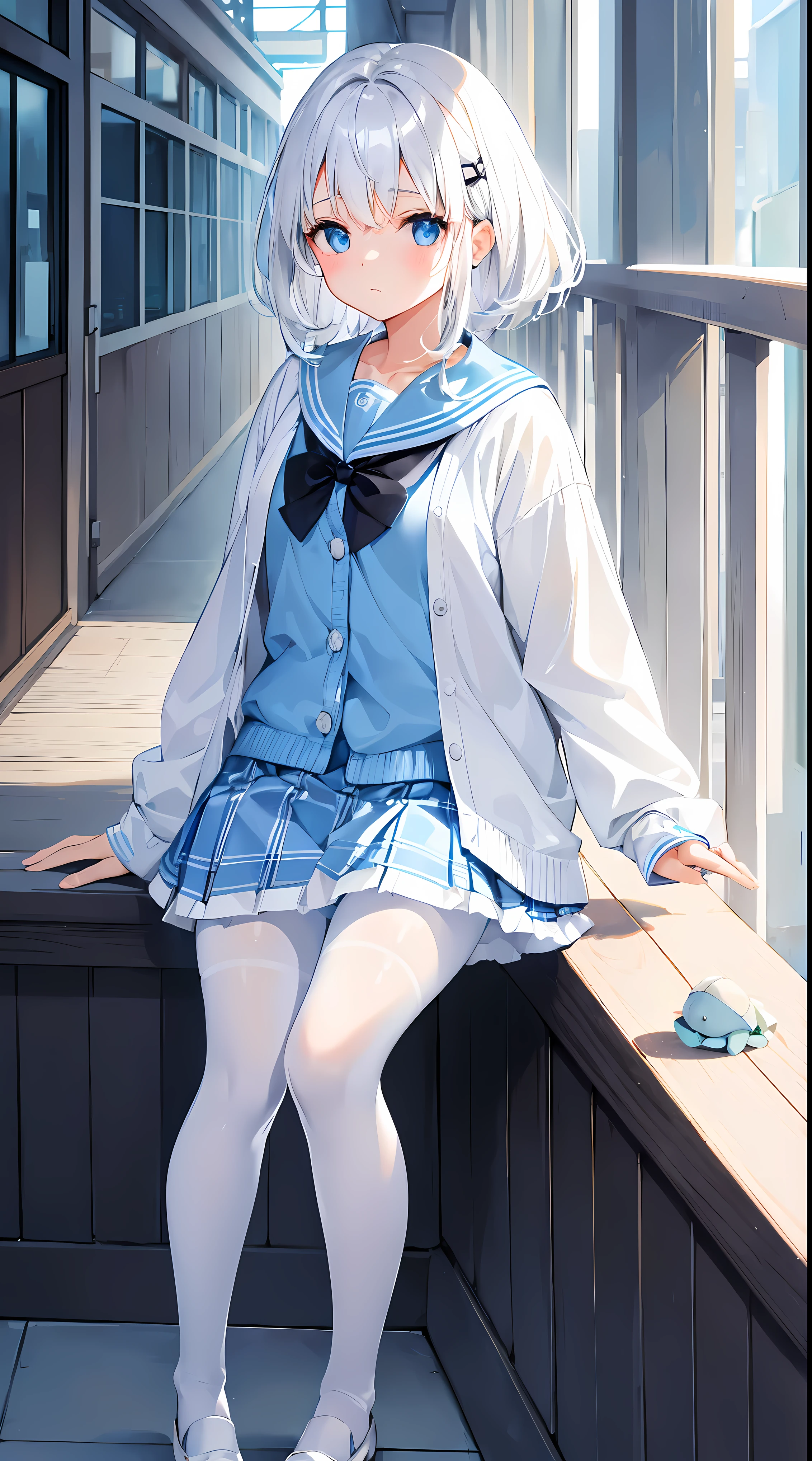 White hair、light blue  eyes、White sailor suit、my&#39;my穿着一件浅蓝色开衫.、Cute little turtle、Plaid pleated skirt、Low cost，Black silk pantyhose