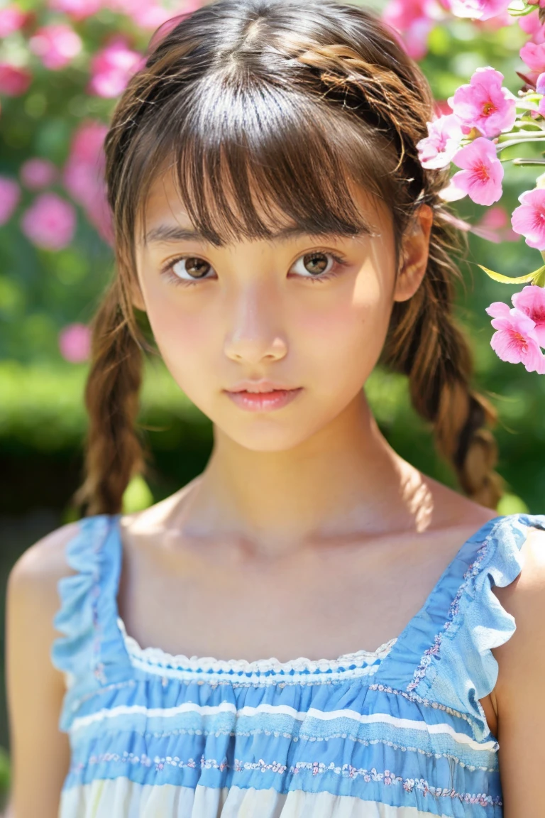 tanned beautiful girl、early summer、Provence region、japanes、Narrow-eyed、Eye of the cut、A heavy eyelid、wearing a summer dress、18year old、With bangs、Braids、