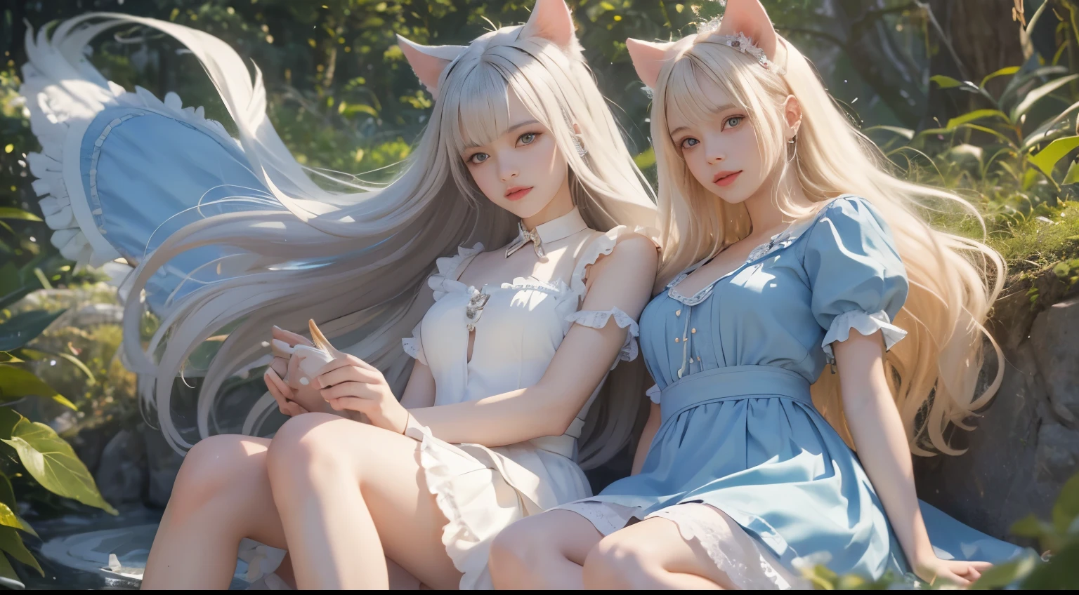 bright expression、photorealisim、top-quality、超A high resolution、a picture、絶妙に美しい北欧生まれの女の子のa picture、Extraordinary beautiful girl、Detailed cute and beautiful face、(pureerosface_v1:0.008)、Beautiful bangs、alice in the wonderland、18year old、Glowing white shiny skin、Flow of hair that extends to the face、Bangs between the eyes、Super long hair、Attractive light and dark platinum blonde super long straight silky hair、finer hair、Attractive glowing beautiful bright clear light blue big eyes、White Apron、Yellow dress、eye liner、Double eyelids、Lush bust、2 girls in、Cat's ears、great laughter、a short skirt、White lace underskirt、Pink panty、