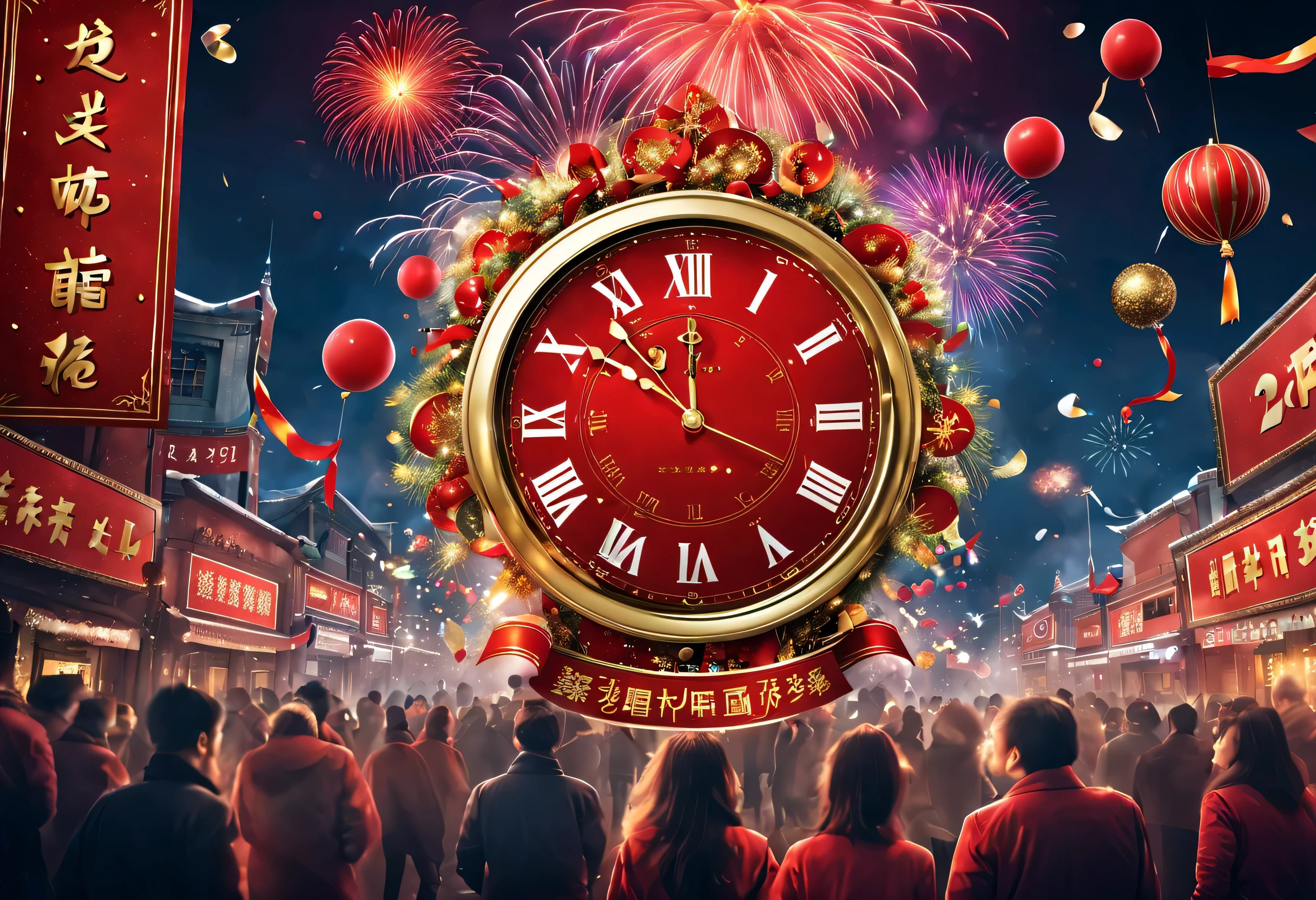 2024 年new year&#39;new year&#39;new year&#39;New Year&#39;s Eve Poster Design，Passionate red as the main color，with dynamism，Located in the center of the poster，Design a huge countdown clock，（）People look at the clock and cheer 2014），There are various carnival elements scattered around(air zone、fire works, ETC) ，At the bottom of the poster，Add text &cite;new year快乐&cite;。