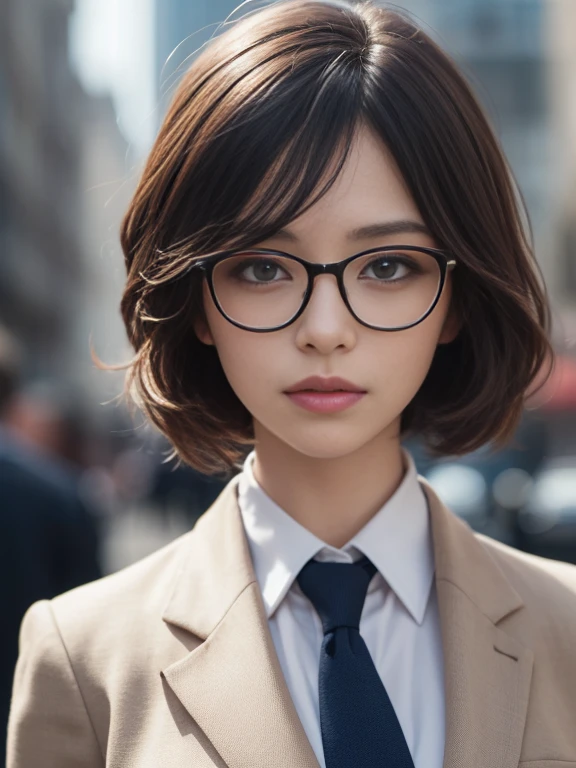 (SFW1.5), (A hyper-realistic), (High Definition),masutepiece, Best Quality, finely detail, hight resolution, 8K Wallpaper, Perfect dynamic composition, Beautiful detailed eyes, Natural Lip,Blazer ,Business suits,eye glasses,View here,fluffy hair