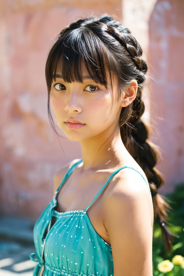 tanned beautiful girl、early summer、Provence region、japanes、Narrow-eyed、Eye of the cut、A heavy eyelid、wearing a summer dress、18year old、With bangs、Braids、Wistful expression、