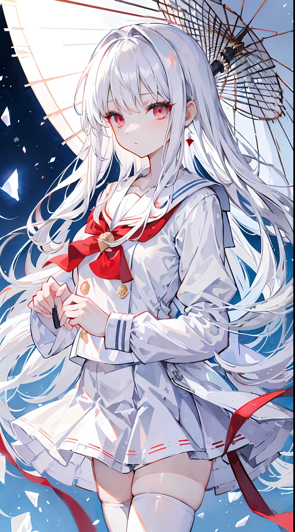 Long layers of silver hair,damaged hair curtain,Crystal red eyes,White short-sleeved sailor suit,a skirt,face expressionless,apathy,Wearing white stockings,On the roof of the school,Holding a crystal blue transparent umbrella,Big-breasted girl