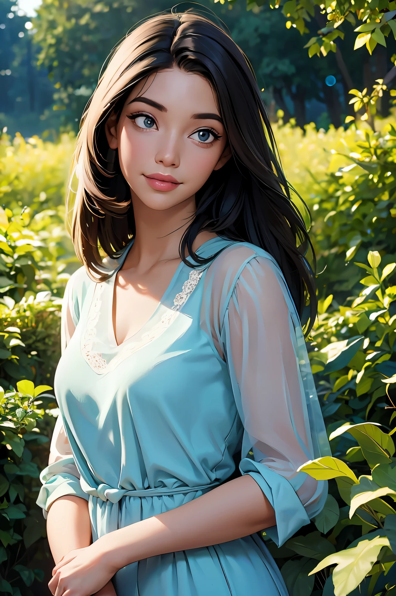 (best quality,4k,8k,highres,masterpiece:1.2),ultra-detailed,(realistic,photorealistic,photo-realistic:1.37),A girl in a garden,portraits,beautiful detailed eyes,beautiful detailed lips,extremely detailed eyes and face,longeyelashes,natural lighting,greenery,peaceful ambiance,flowing dress,flying hair,gentle sunlight,vivid colors,aesthetic composition,soft shadows,subtle breeze,serene expression,relaxed posture,harmonious background,dreamy, wearing a romper, full body view