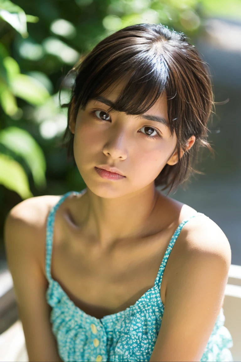 tanned beautiful girl、early summer、Provence region、japanes、Narrow-eyed、Eye of the cut、A heavy eyelid、wearing a summer dress、18year old、With bangs、Short Bob Hair、Wistful expression、